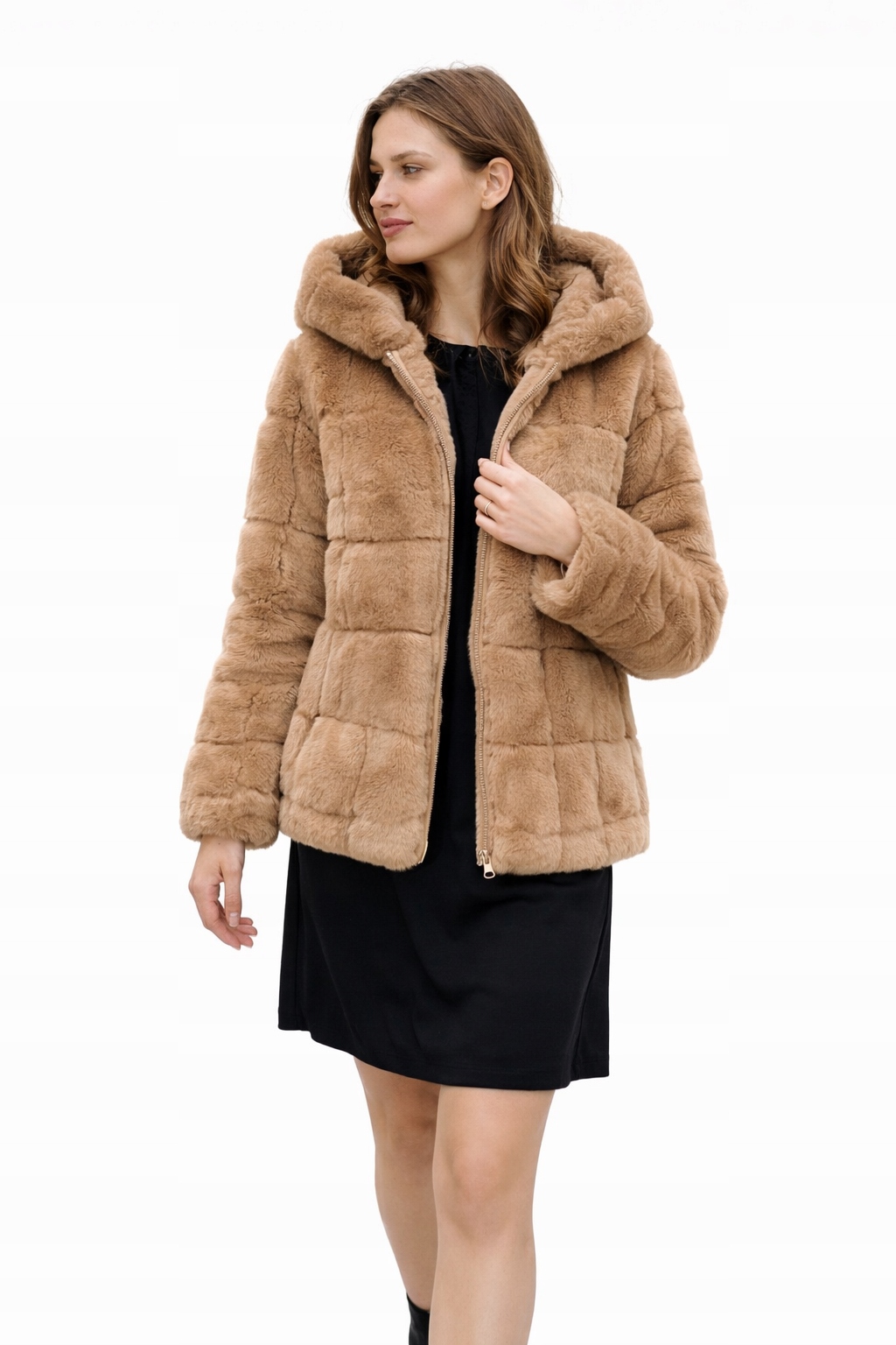 Béžová Kožešinová Bunda S Kapucí Do Pasu M/L I3A