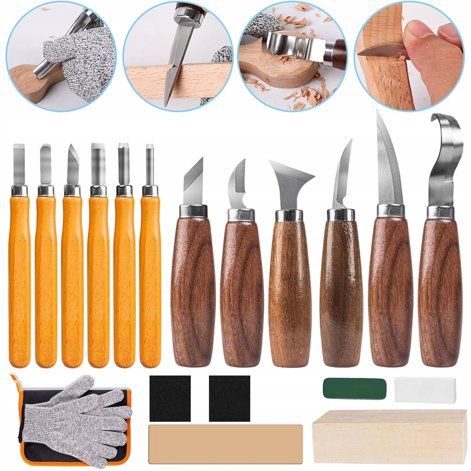 Sada Pro Vyřezávání Do Dřeva Nože Truhlářské Sekáče 19EL Pouzdro Na Rukavice