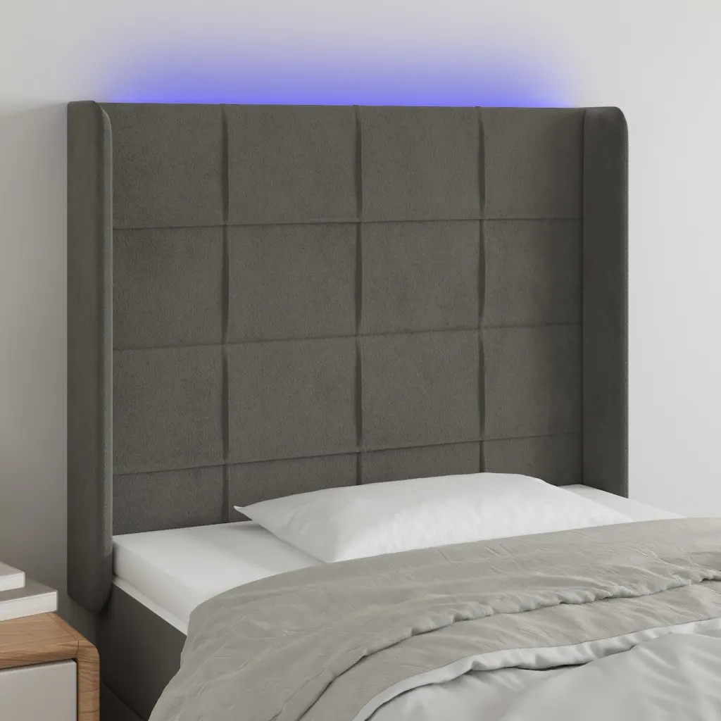 Čelo postele s Led tmavě šedé 83 x 16 x 118/128 cm samet Šedá 3124079