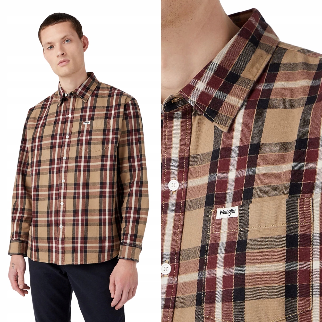 Wrangler 1 Pocket Shirt Lead Grey bavlněná béžová kostkovaná košile S