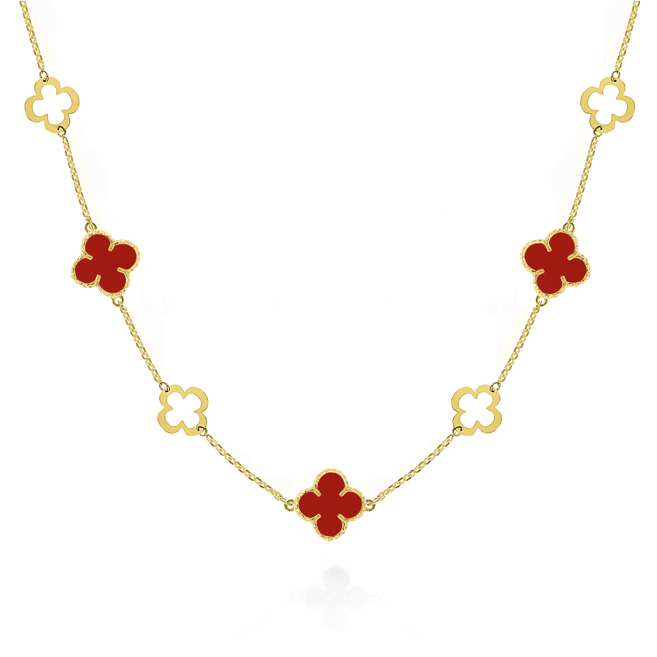 Stříbrný pozlacený náhrdelník choker čtyřlístky červený achát Ag 925 45 cm