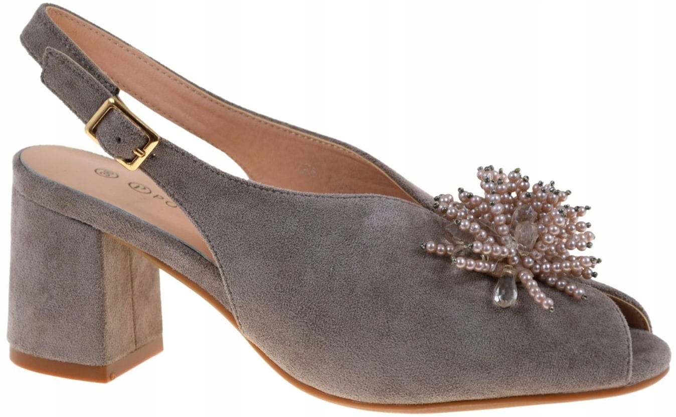 Elegantní dámské sandály na podpatku béžové barvy s ozdobou Potocki 25-12621KH R38