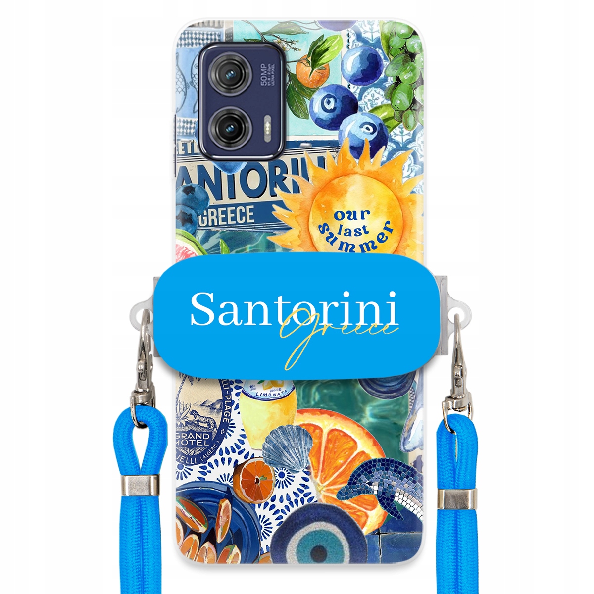 Pouzdro pro Motorola G73 Modré Crossbody vodítko Držák Santorini Sea Vibes