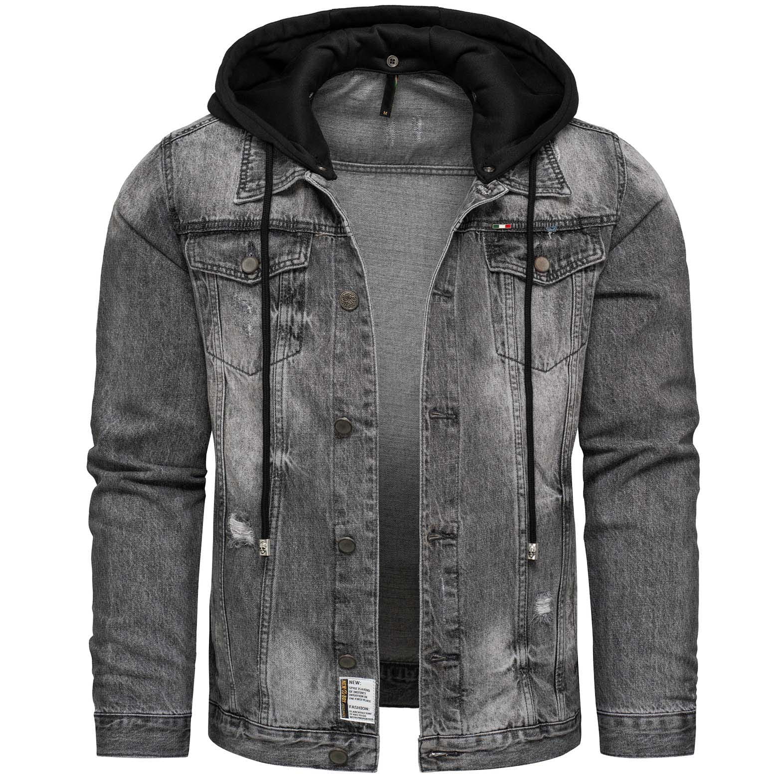 Pánská džínová katana bunda s kapucí, grafitová, přechodná na jaro, velikost S