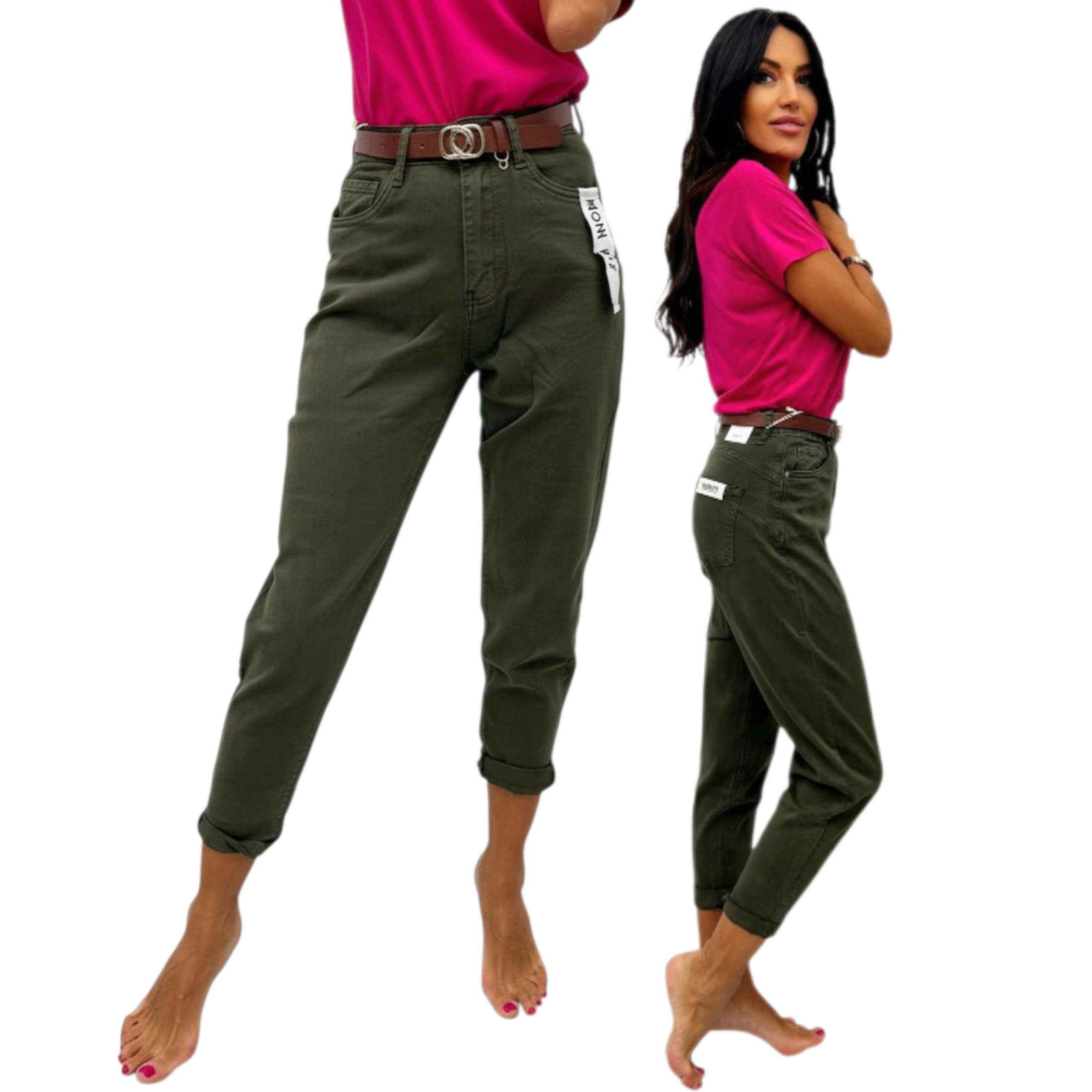 Dámské Kalhoty S Páskem Mom Fit Jeans Push Up vel Xs 34 khaki