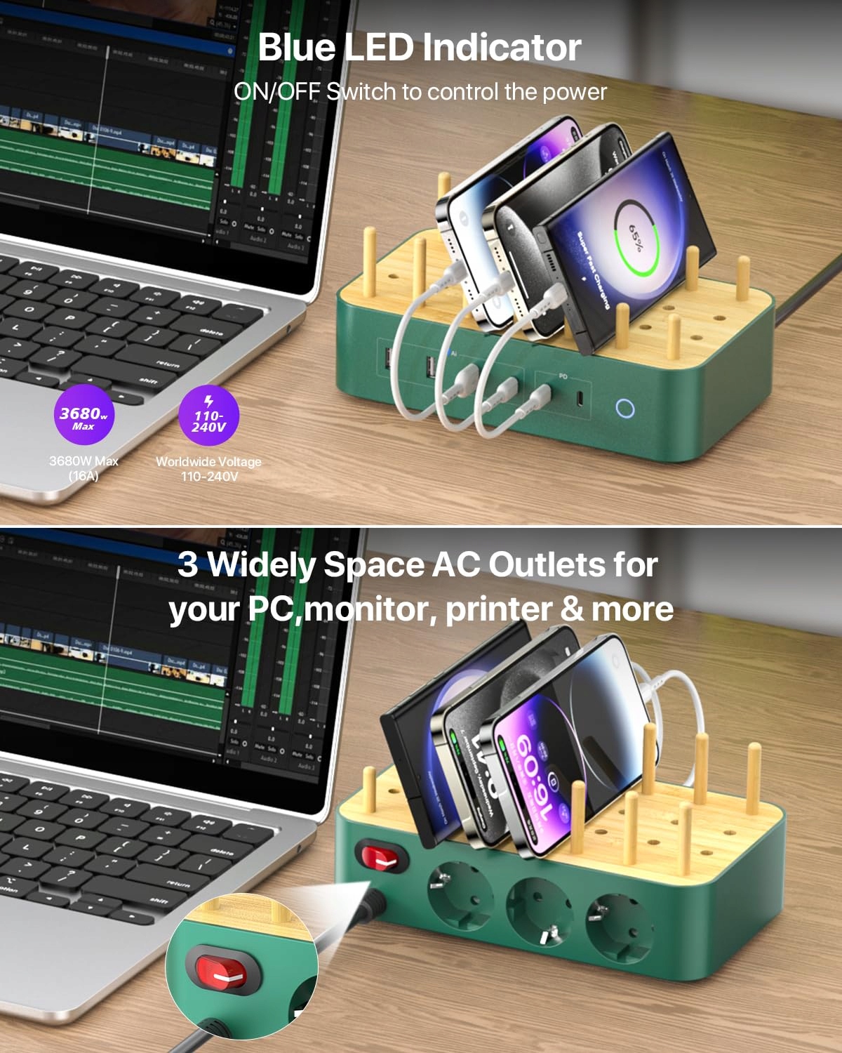 VISIONSYNC Stacja Ładowania USB-C 60W 6-Portowa Z Bambusa Zielona — miniatura 5