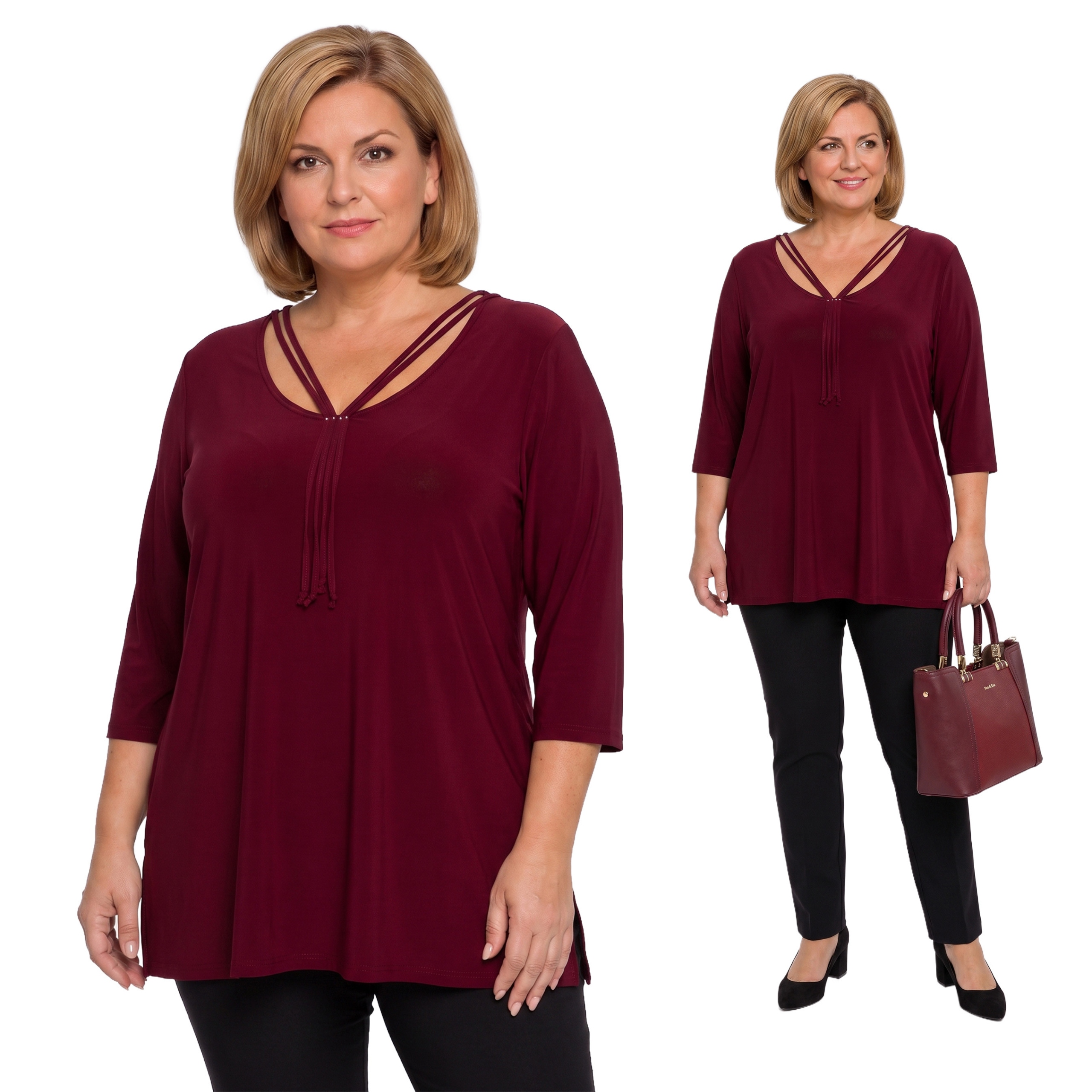 Bordó ozdobná tunika s výstřihem plus size velikost 56/58