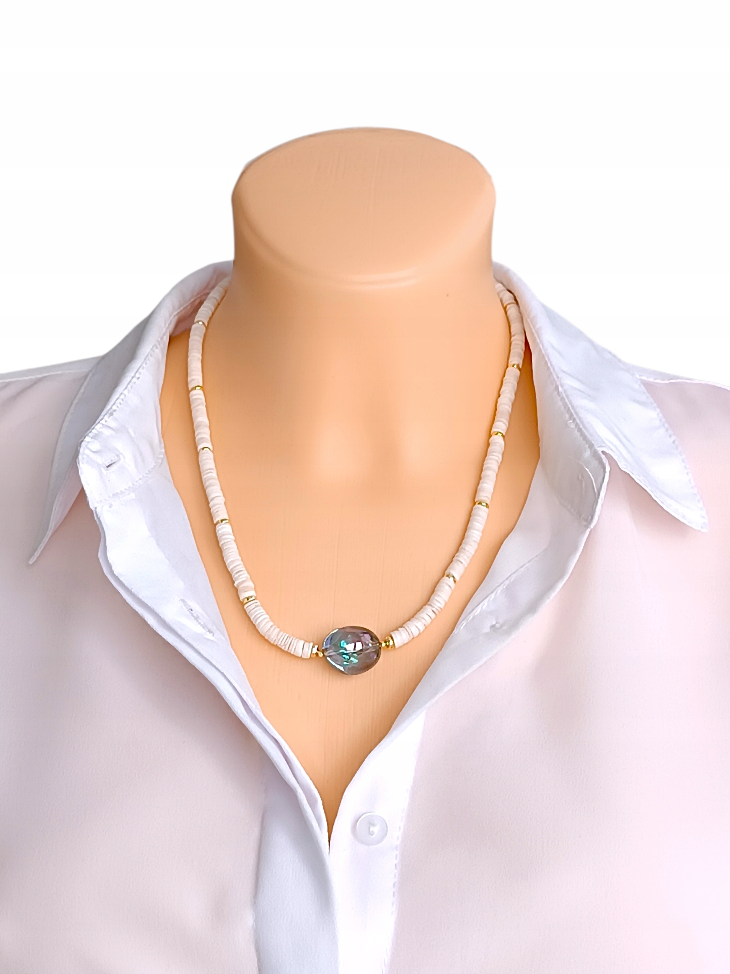 Elegantní pudrová růžová náhrdelník Mušle Křemen Zlatý Hematit 46 cm ocel