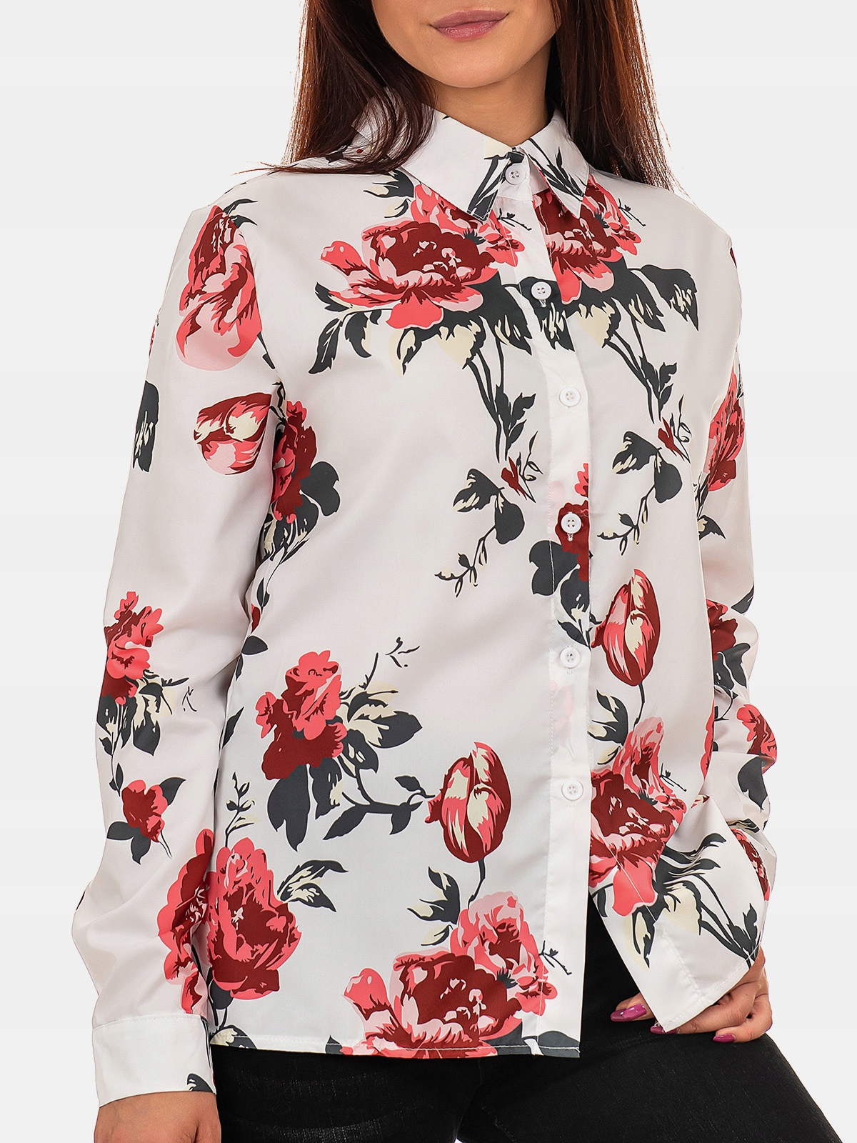 

Kobieca koszula w kwiaty z długim rękawem biała L