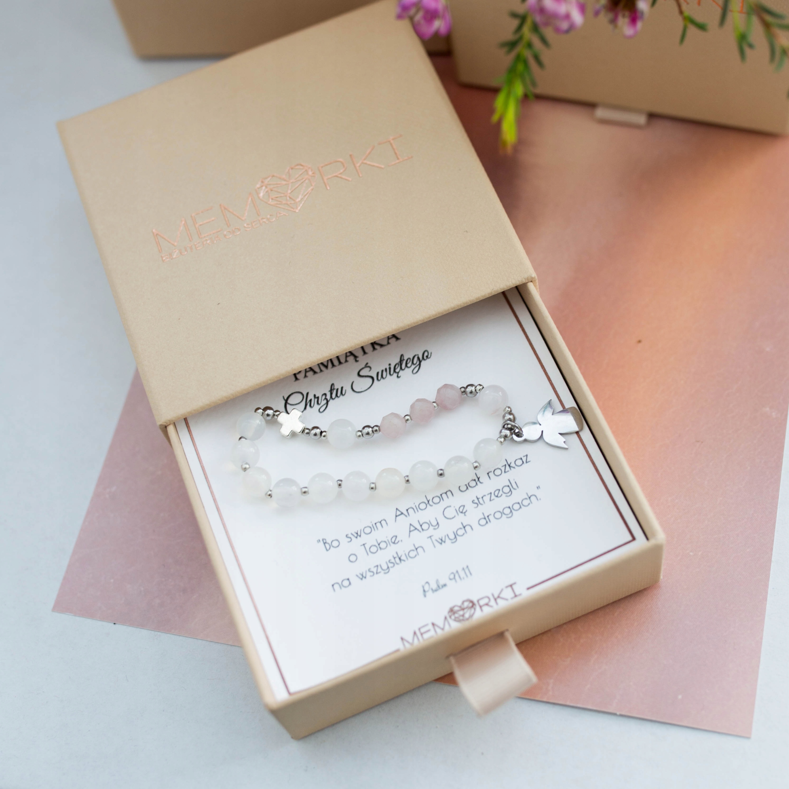 Bransoletka RÓŻANIEC - pamiątka Komunii DEDYKACJA Materiał Inny