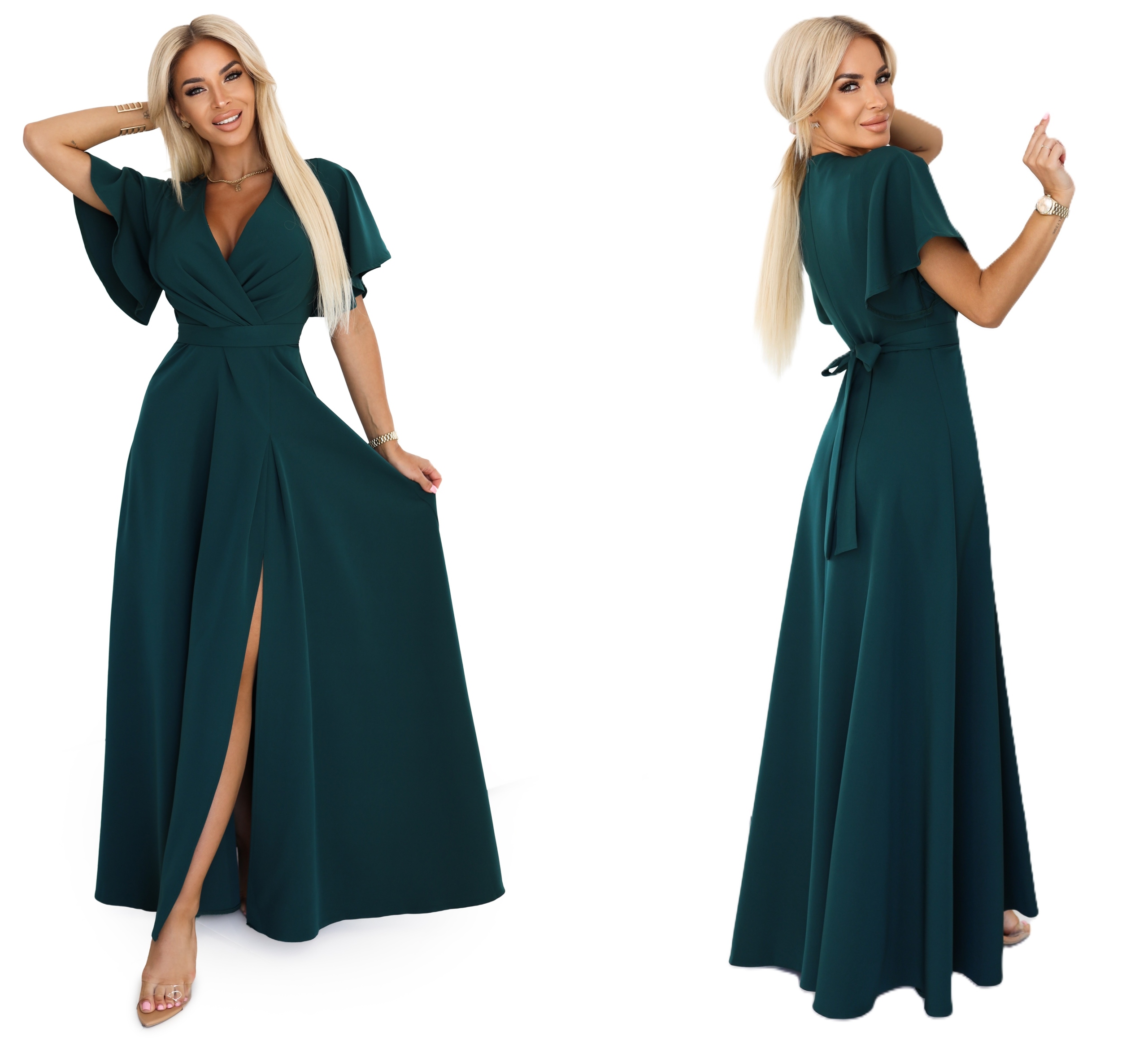 Dlouhá Sukně Na Ples S Hlubokým Výstřihem A Páskem Lahvově Zelená Barva S