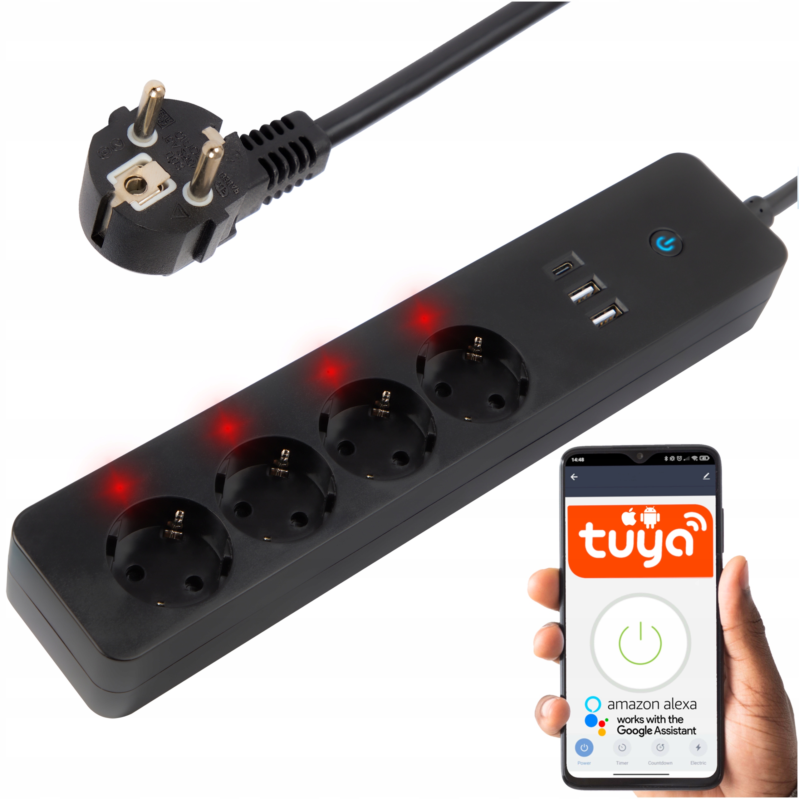 Inteligentní Síťový Prodlužovací Kabel Zásuvková Lišta Wifi 1,5 m Usb Černý