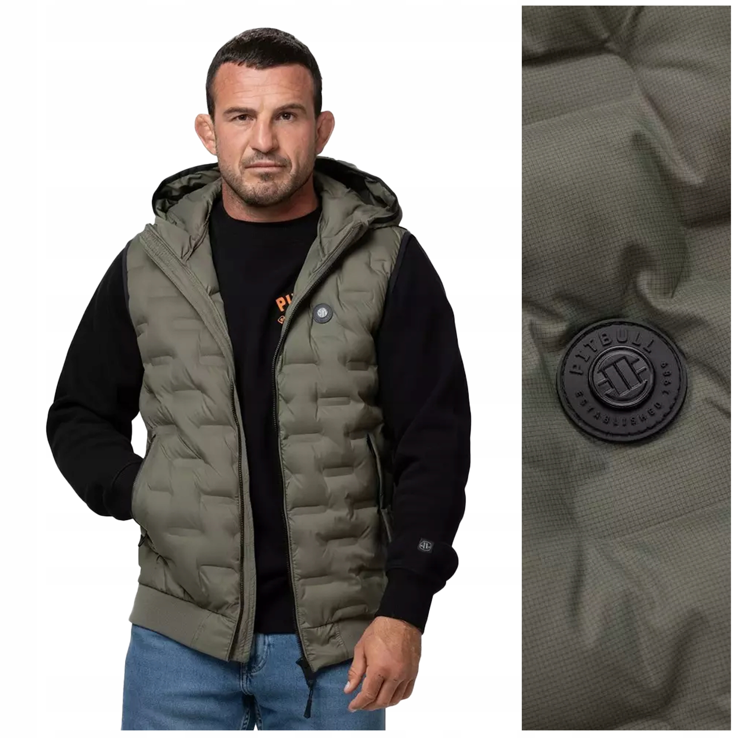 Prošívaná Bunda Bez Rukávů s kapucí Pit Bull "fisk" vel. S olivová