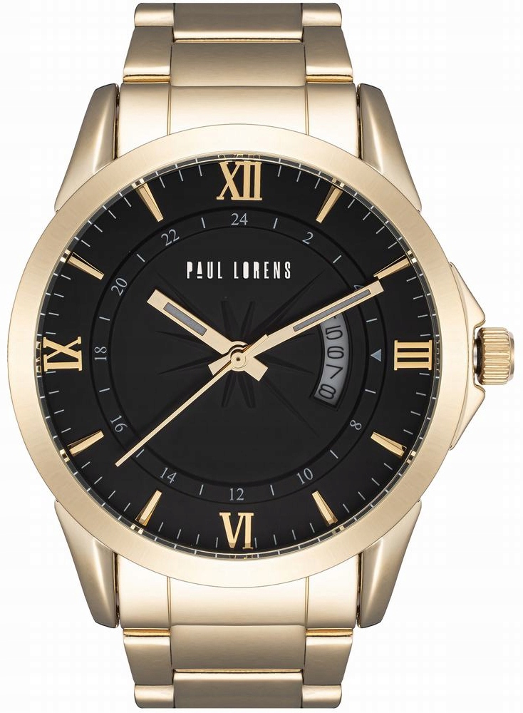 Pánské hodinky Paul Lorens křemenný ciferník černý náramek zlatý 46 mm