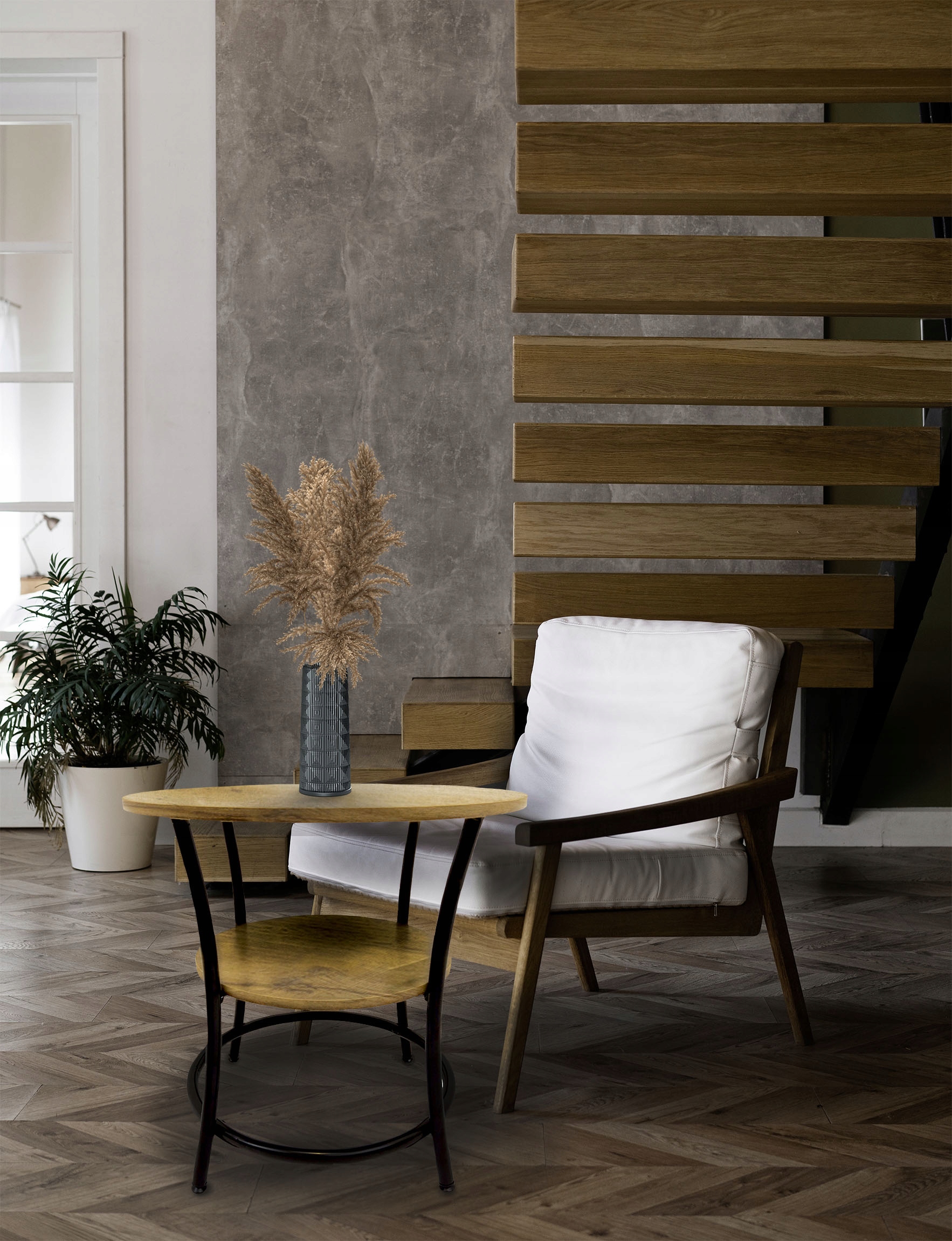 STOLIK KAWOWY OKRĄGŁY Fi 56 cm EXTRA PÓŁKA RUSTYKALNY INDUSTRIALNY LOFT DĄB Liczba poziomów 2