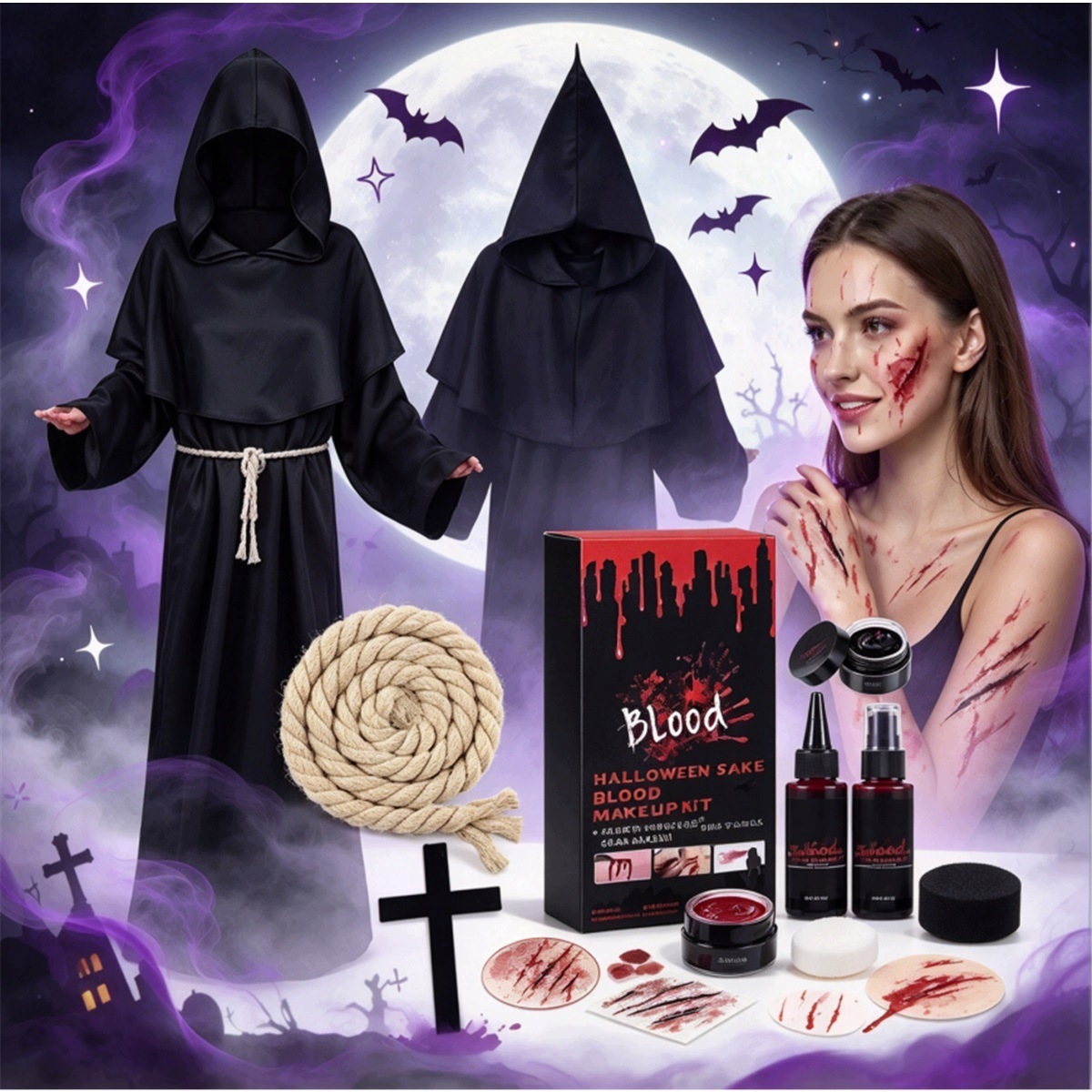 Halloweenský komplet čarodějovo roucho XXL umělá krev líčení