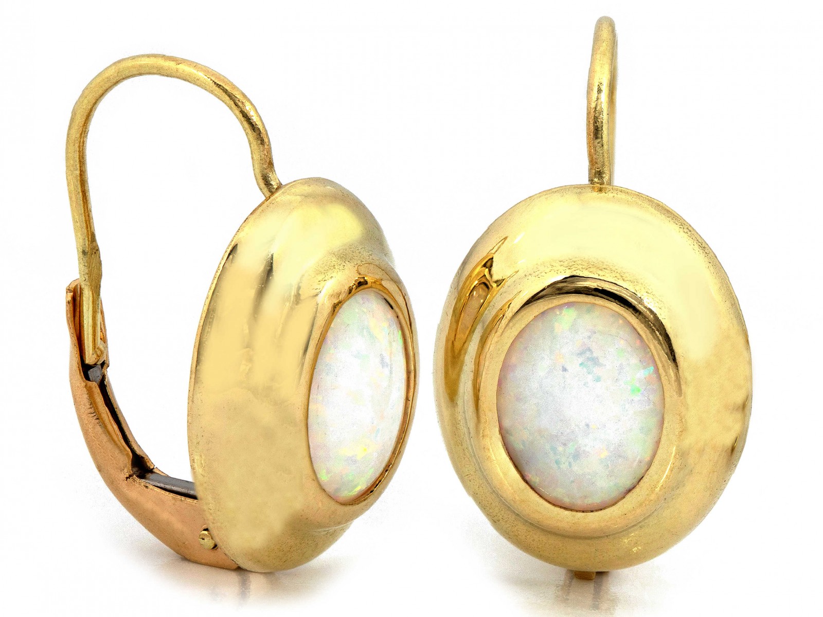 Náušnice zlaté anglické 585 s oválným bílým opálem 14kt, elegantní vzhled