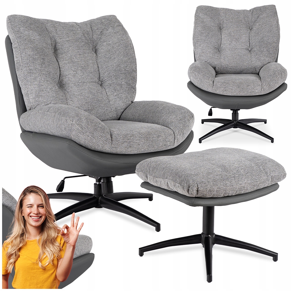 Křeslo s podnožkou Otočné, odpočinková tkanina Ekokůže Šedá Fremont