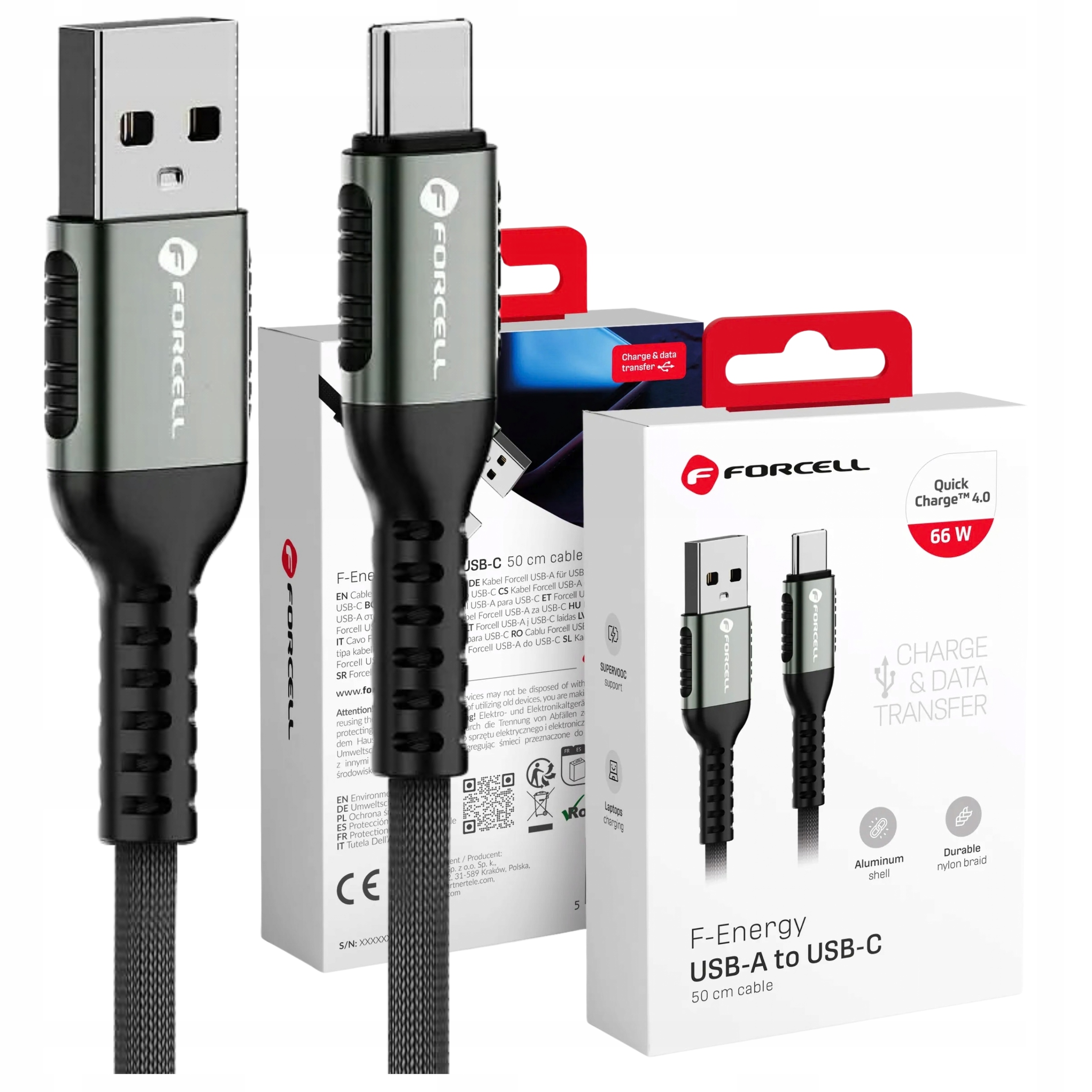 Kabel Usb A do Usb C Forcell F-Energy QC4.0 3A 66W Cafule 0,5 m C256 czarny