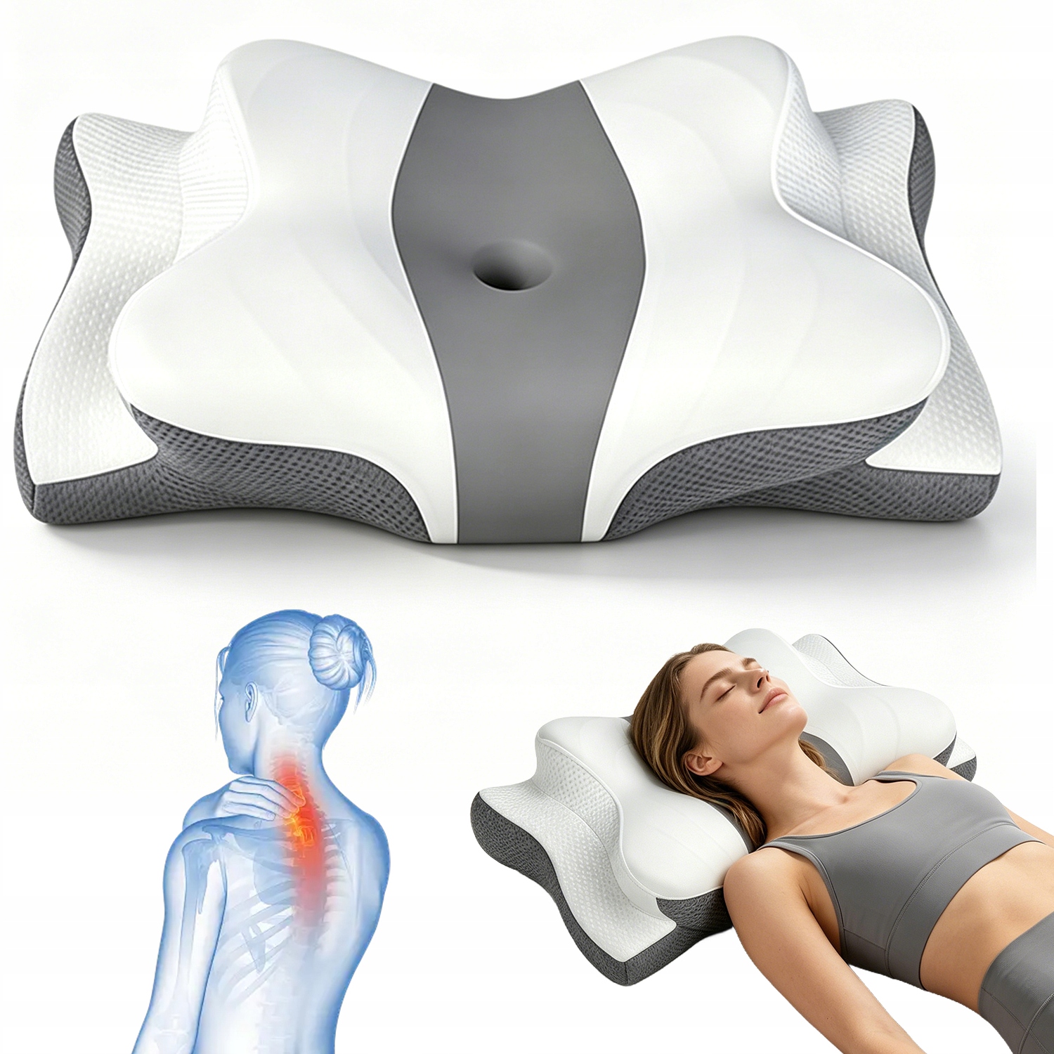 Ortopedyczna Poduszka Pamięcią Kształtu Motyla Ergonomic Szarobiały