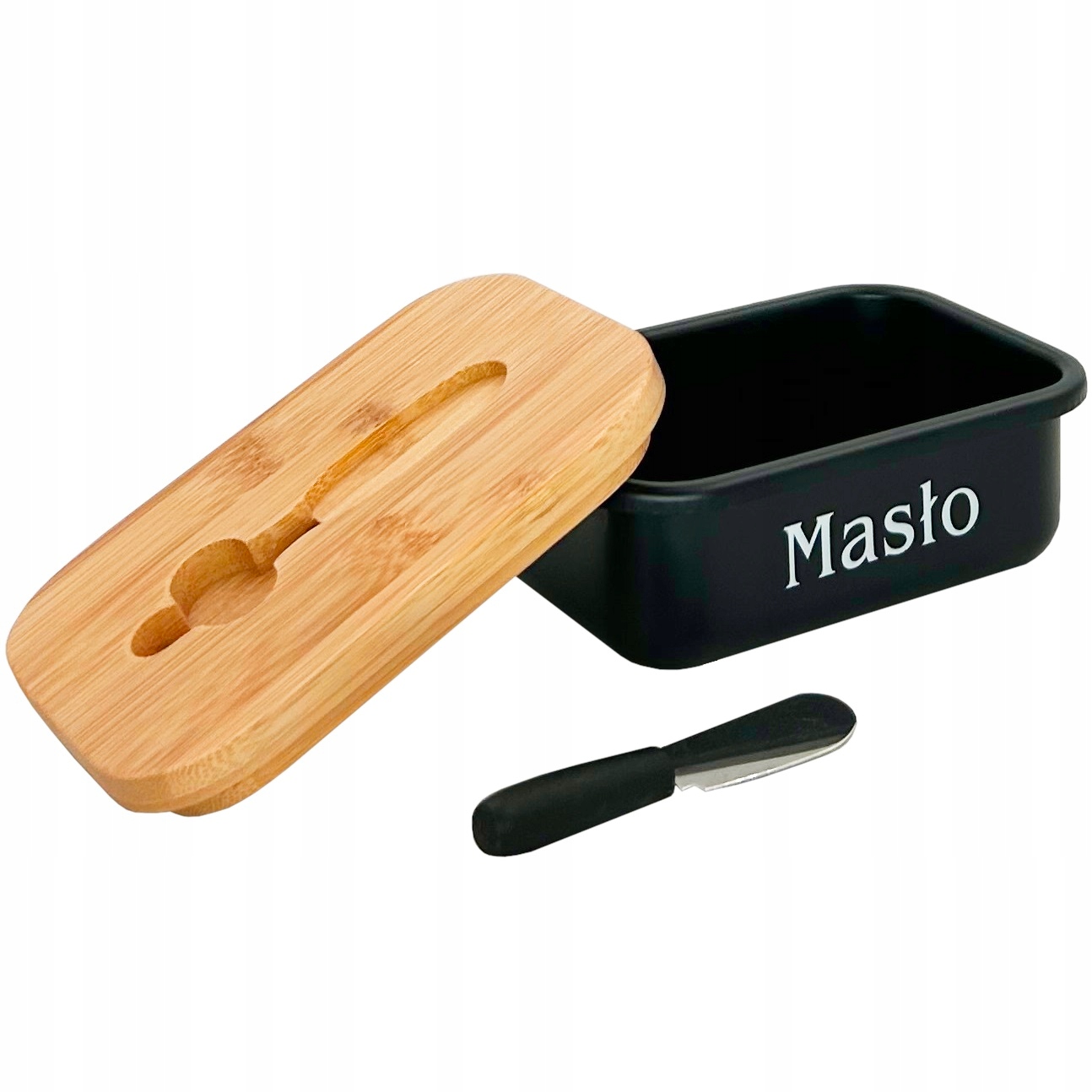 MASELNICZKA MASELNICA STAL NIERDZEWNA DREWNO CZARNY POJEMNIK NA MASŁO + NÓŻ Marka Brunbeste