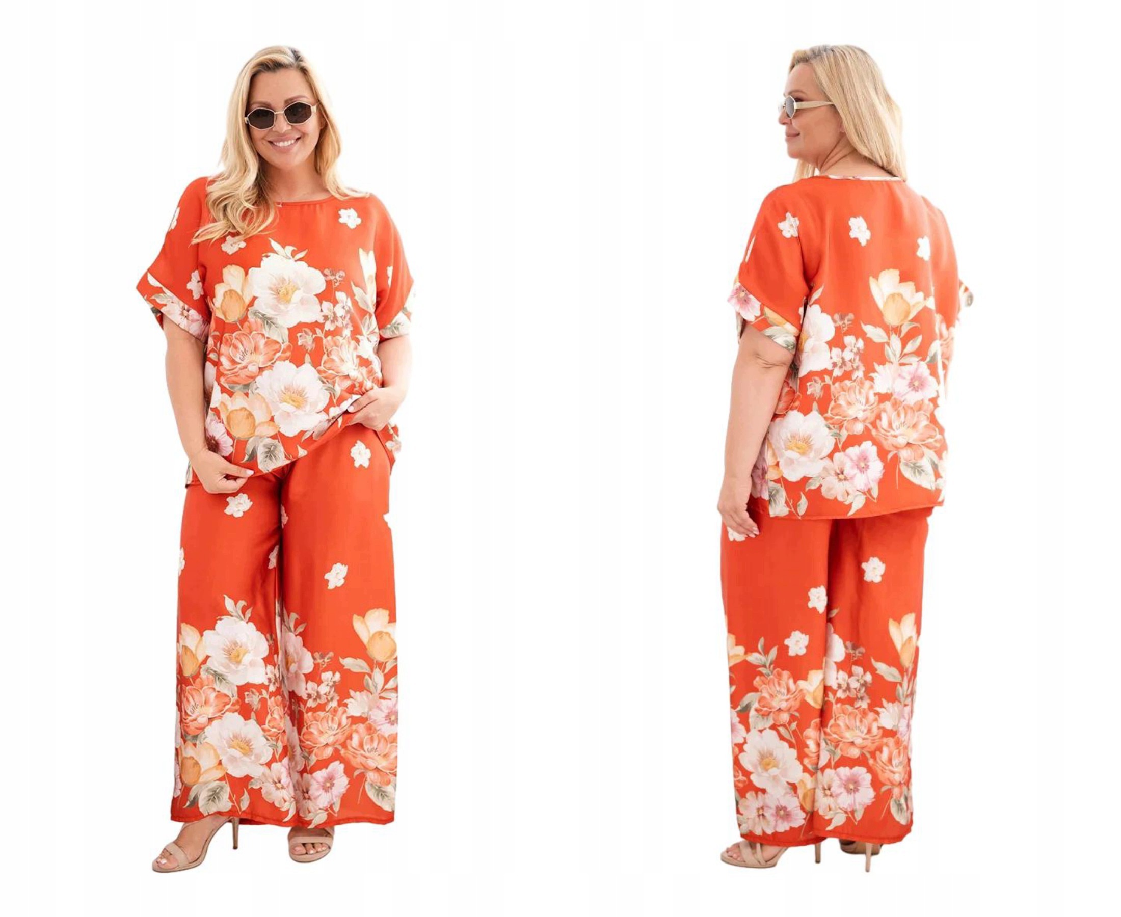Dámský komplet Plus Size, halenka a široké kalhoty s červenými květy