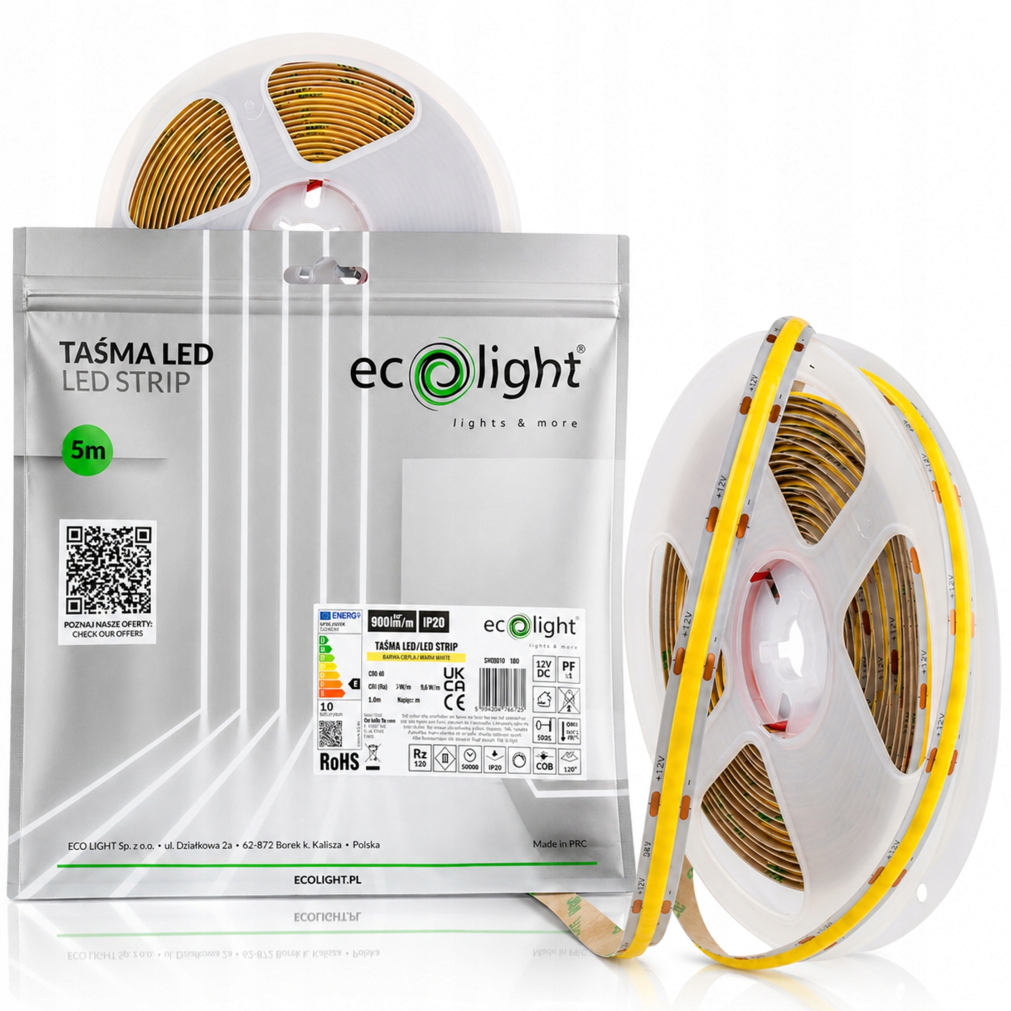 Taśma LED COB 320LED 10W/m 3000K 900lm/m IP20 12V DC 5m Homogeniczna