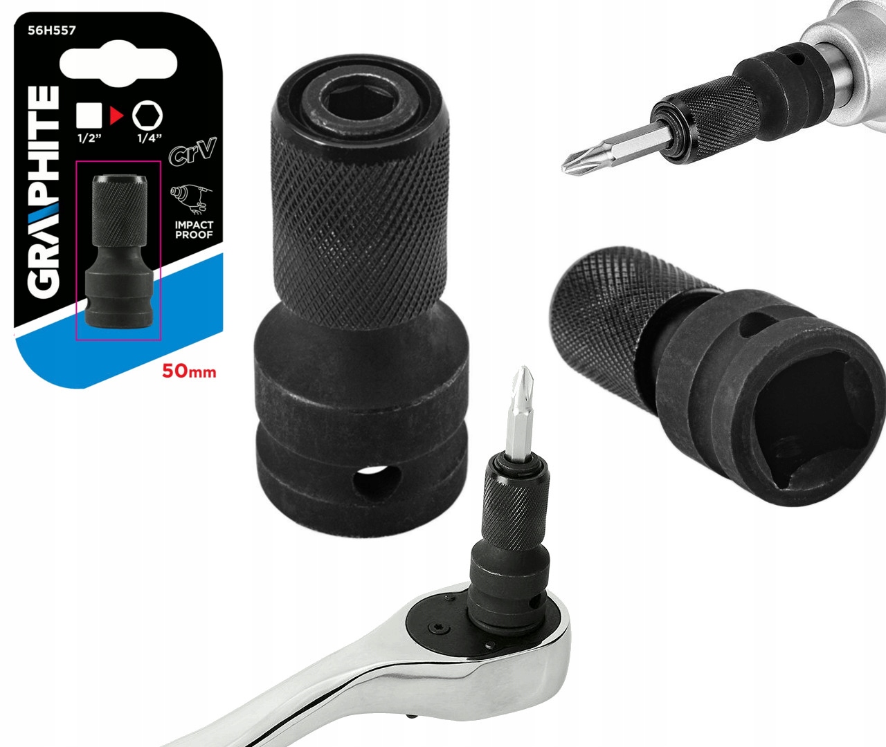 GRAPHITE ADAPTER UDAROWY kwadrat 1/2 na 1/4 HEX PRZEJŚCIÓWKA na bity 56H557