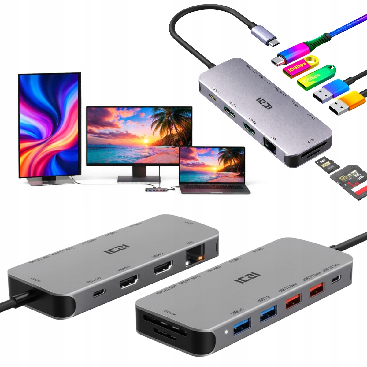 Wielofunkcyjna Stacja dokująca do dwóch monitorów z Hdmi Usb-c i ładowaniem