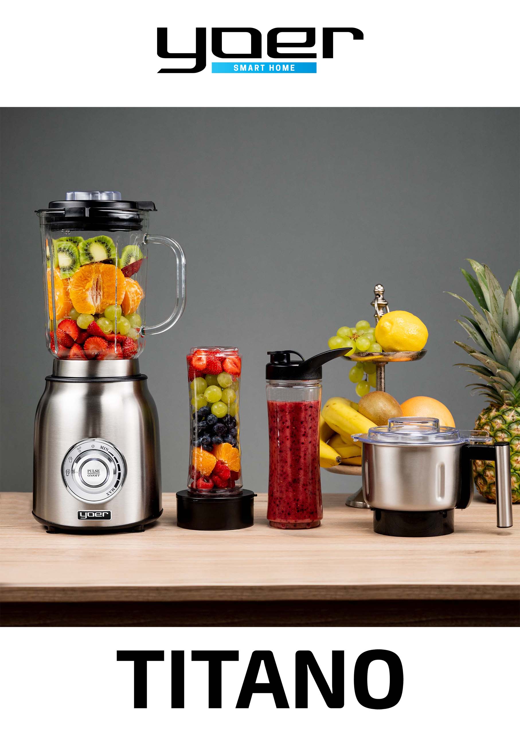 4w1 Blender kielichowy Szklany Mikser Yoer INOX 2,4L 1800W +2 kubki +MŁYNEK Kod producenta JB03S