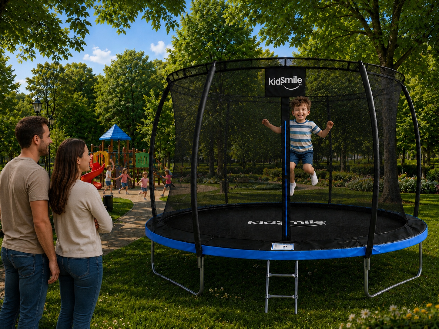 Trampolina ogrodowa siatką wewnętrzną DZIECI 10FT 312cm drabinka niebieska