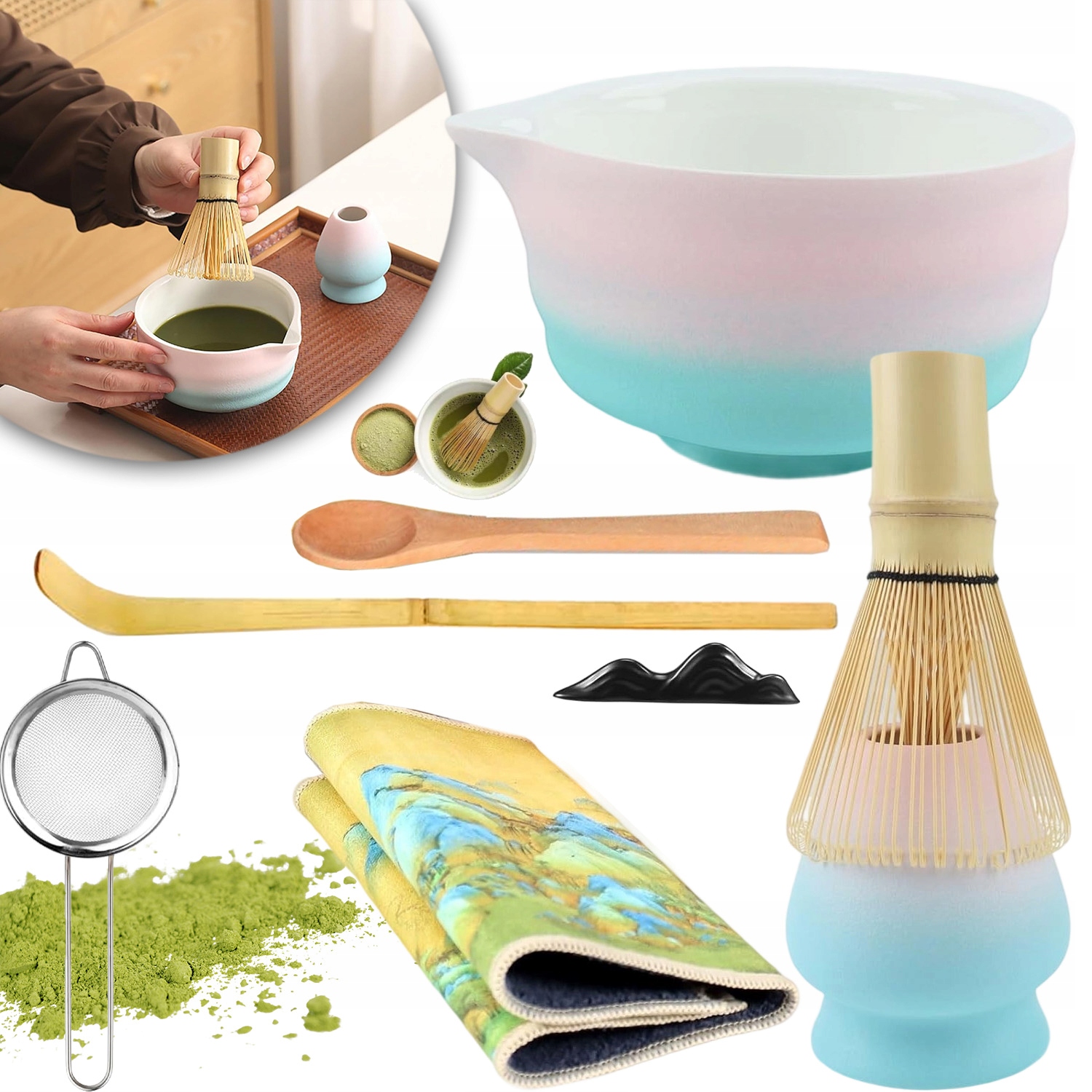 Zestaw Prezentowy Do Herbaty Matcha Miskę Do Matchy Szklankę Łyżeczkę 8EL