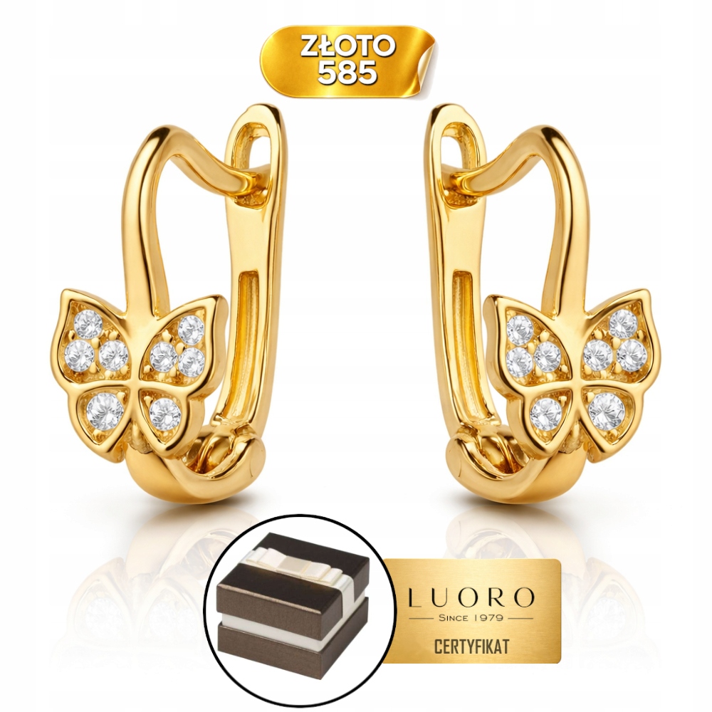 Náušnice Zlaté 585 14K Motýlek S Zirkony Délka 10 MM Anglické Zapínání
