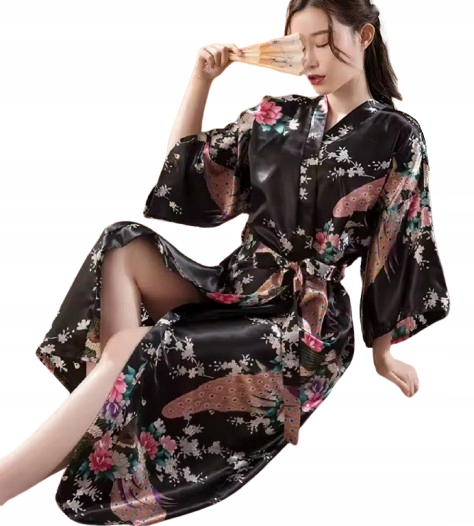 Dlouhý Saténový Župan Z Hedvábného Saténu Kimono Černý Župan XXL