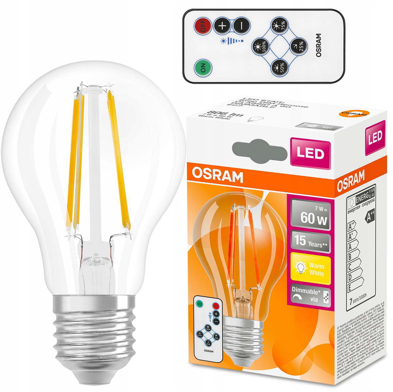 

Żarówka Led E27 7W 2700K Ściemnialna Osram + Pilot