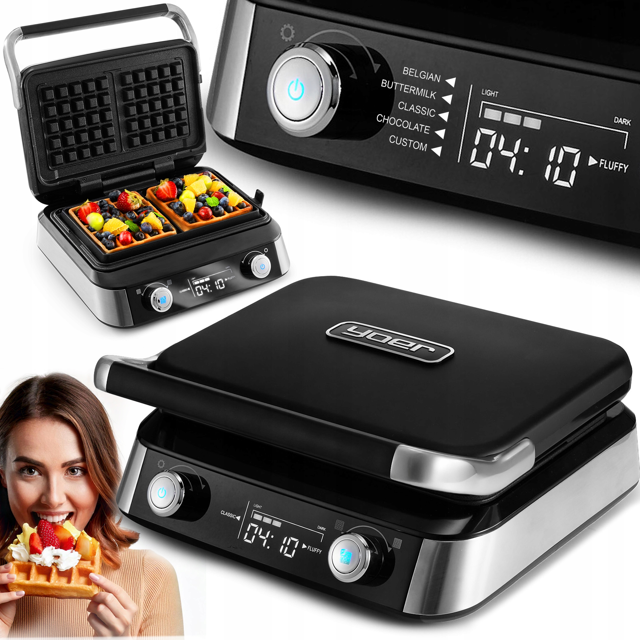 Gofrownica Yoer 2 duże gofry +5 automatycznych prog. Regulacja chrupkości