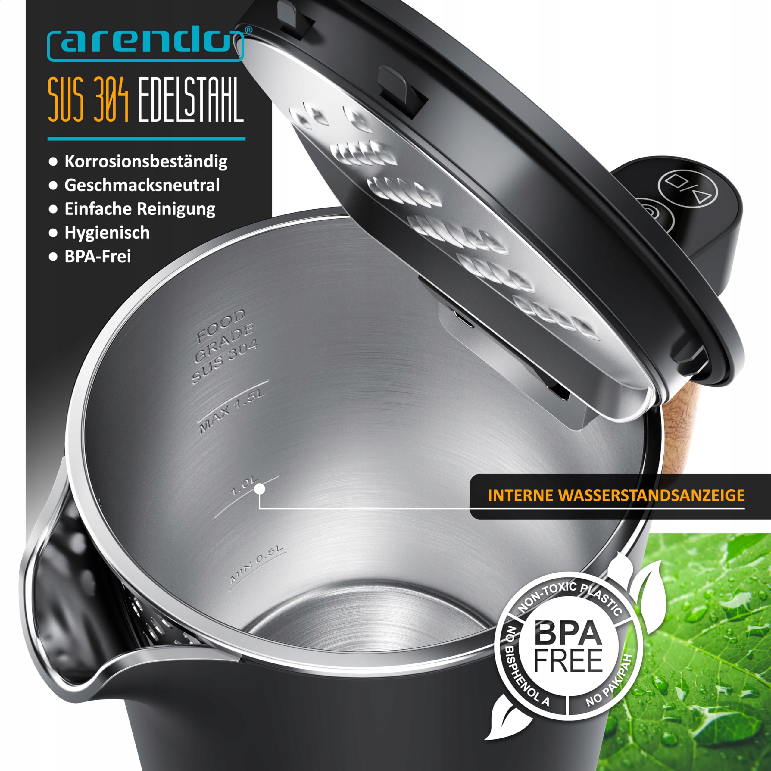 ARENDO Czajnik Elektryczny 1.5L Stal Nierdzewna BPA Free — miniatura 5