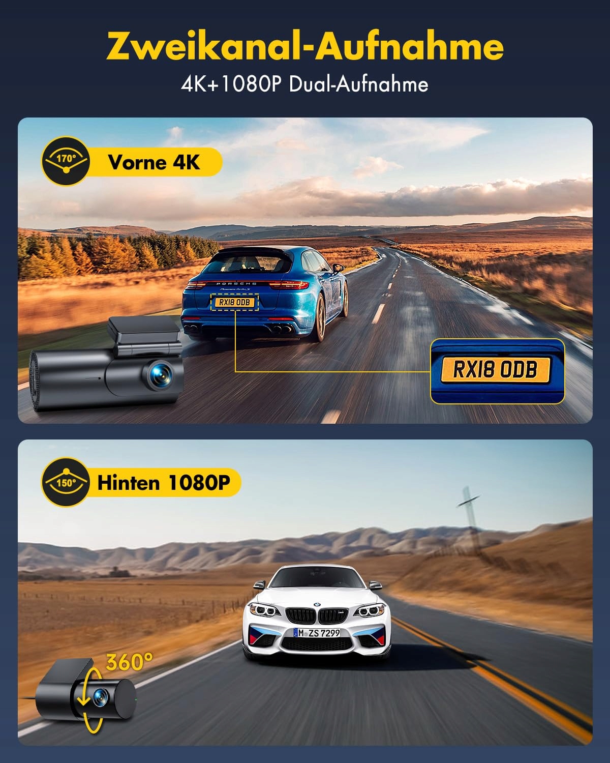 GKU Kamera Samochodowa 4K 2.5K Przód Tył WiFi 64GB Karta SD Nocny Tryb — miniatura 3
