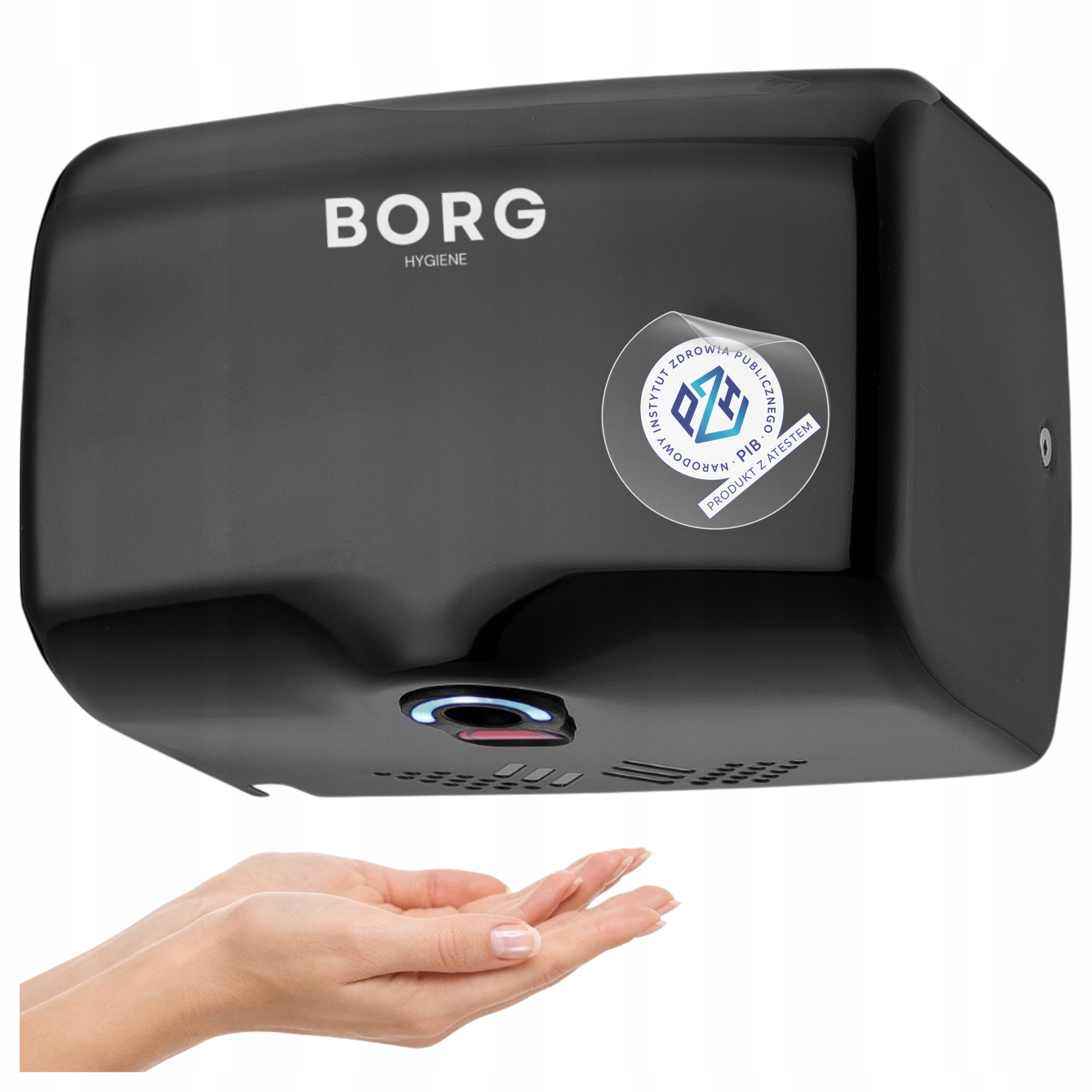 Sušička rúk oceľová Borg Breva 1350W čierna silné sušenie za 11 sekúnd