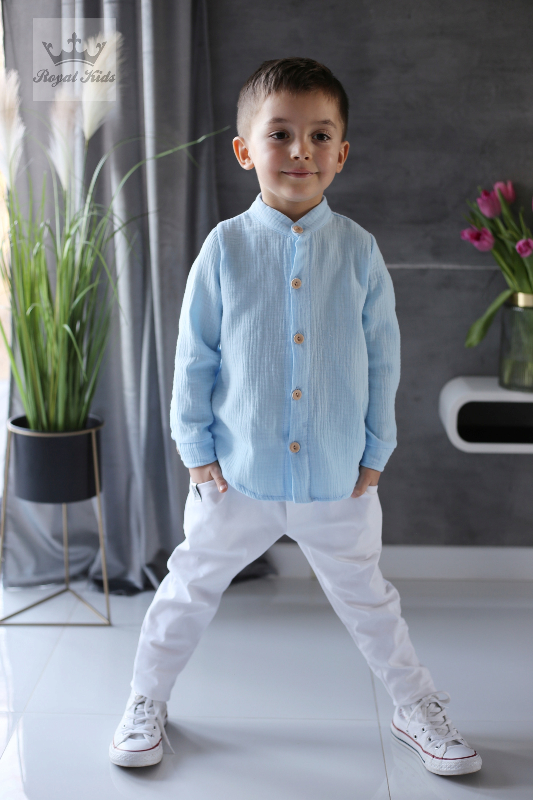 Koszula CHŁOPIĘCA MUŚLINOWA niebieska 74 Płeć chłopcy