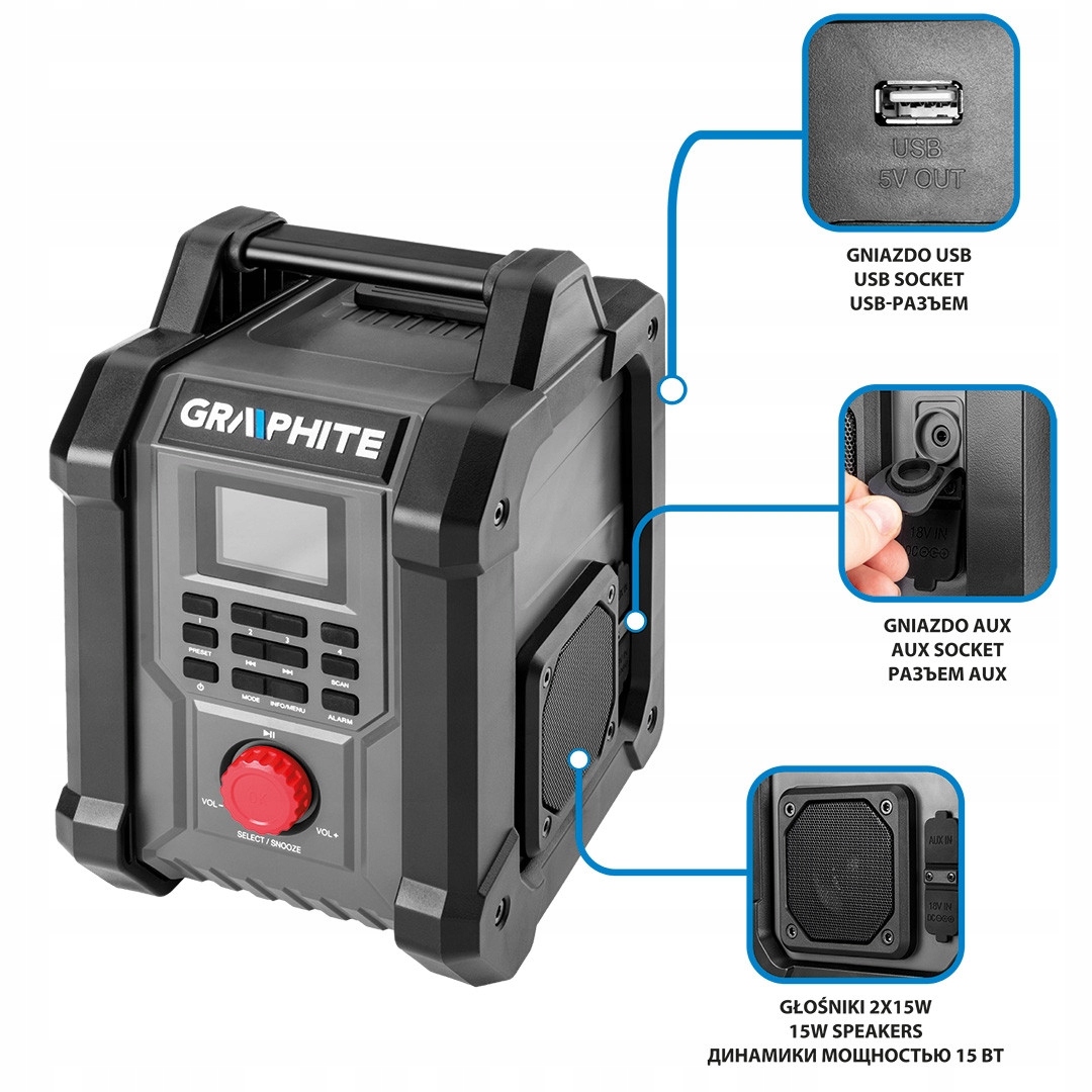 GRAPHITE Energy+ RADIO BUDOWLANE FM DAB USB BT zasilanie 18V + 230V 58GE128 Stan opakowania oryginalne