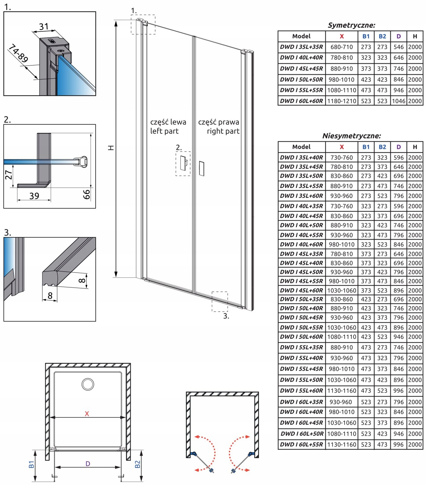Drzwi prysznicowe RADAWAY Nes 8 DWD I 90 cm czyste Typ drzwi podwójne