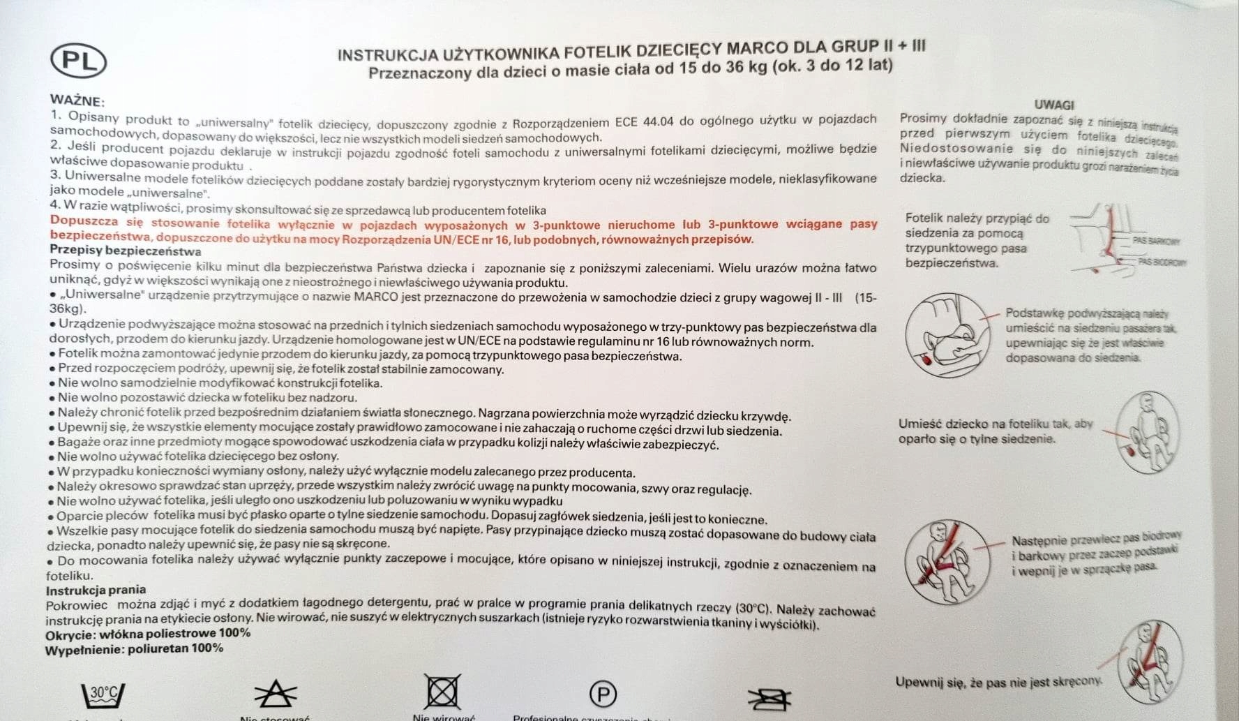 FOTELIK PODSTAWKA PODKŁADKA MARCO 15-36kg ATEST 125-150 cm NOWY MODEL Rozmiar 15-36 kg