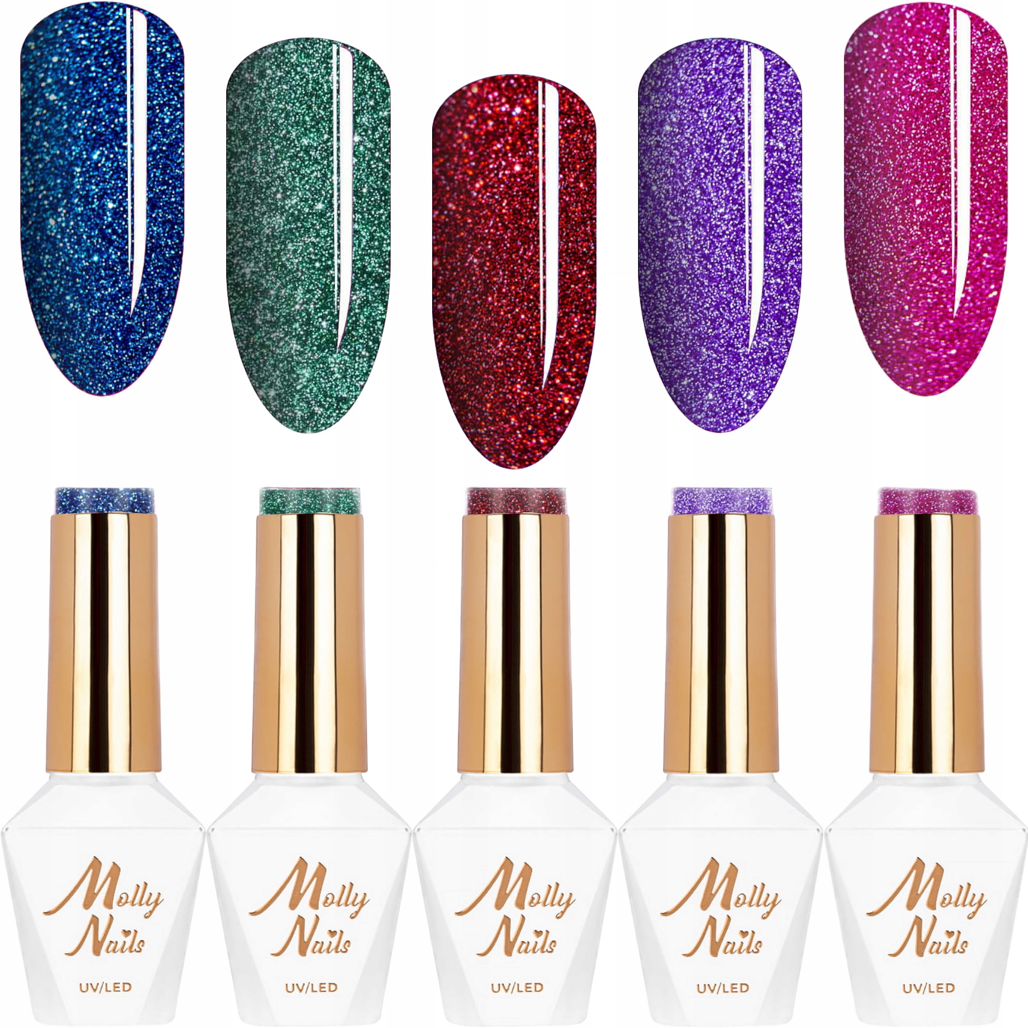 5x Hybridní lak Mollynails 8g Flashing Red Blue Karnevalový set 5v1