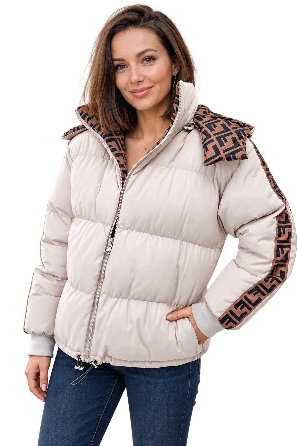 0005 Dvoustranná oversize prošívaná bunda s odnímatelnou kapucí béžová L