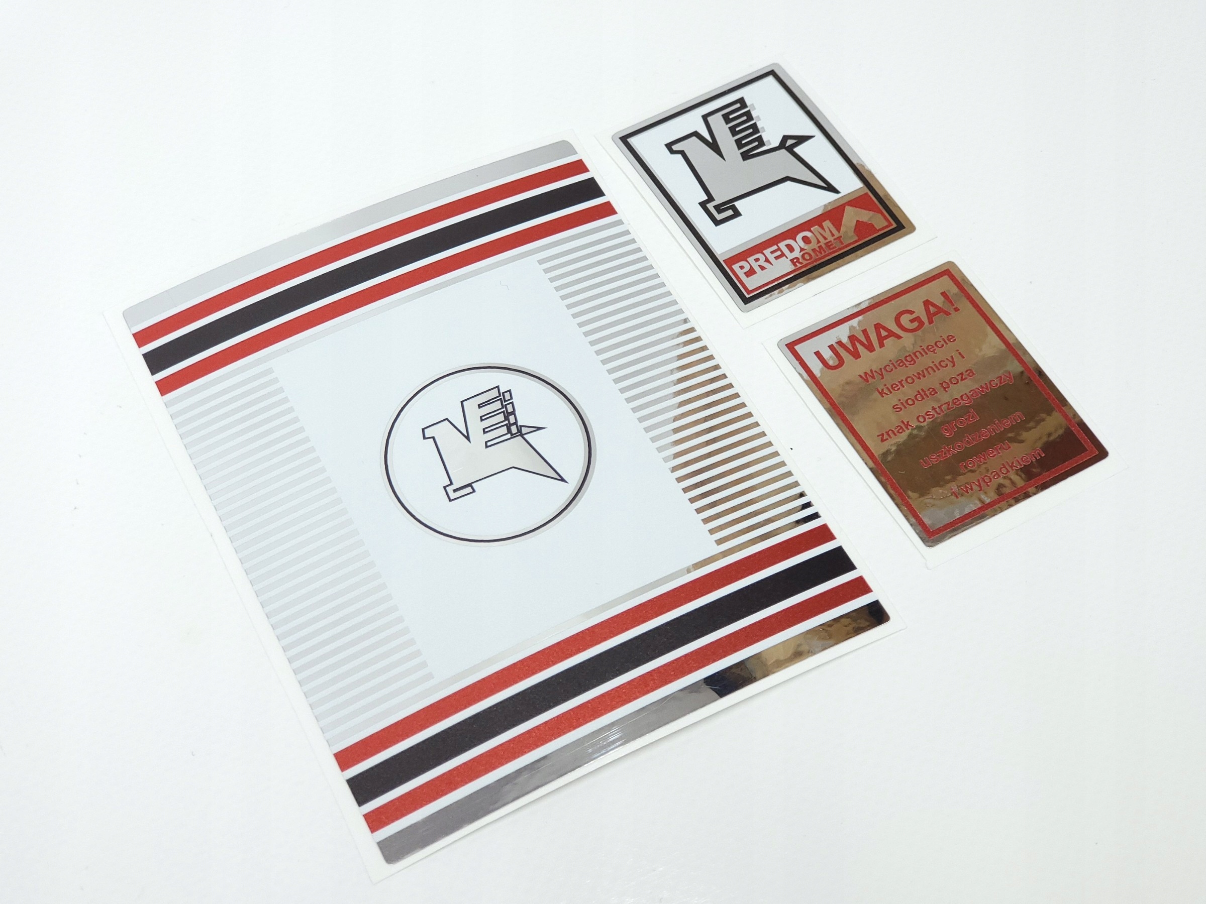 NOWE Naklejki Romet Predom biała rama logo Uwaga do rowerów PRL Emblematy