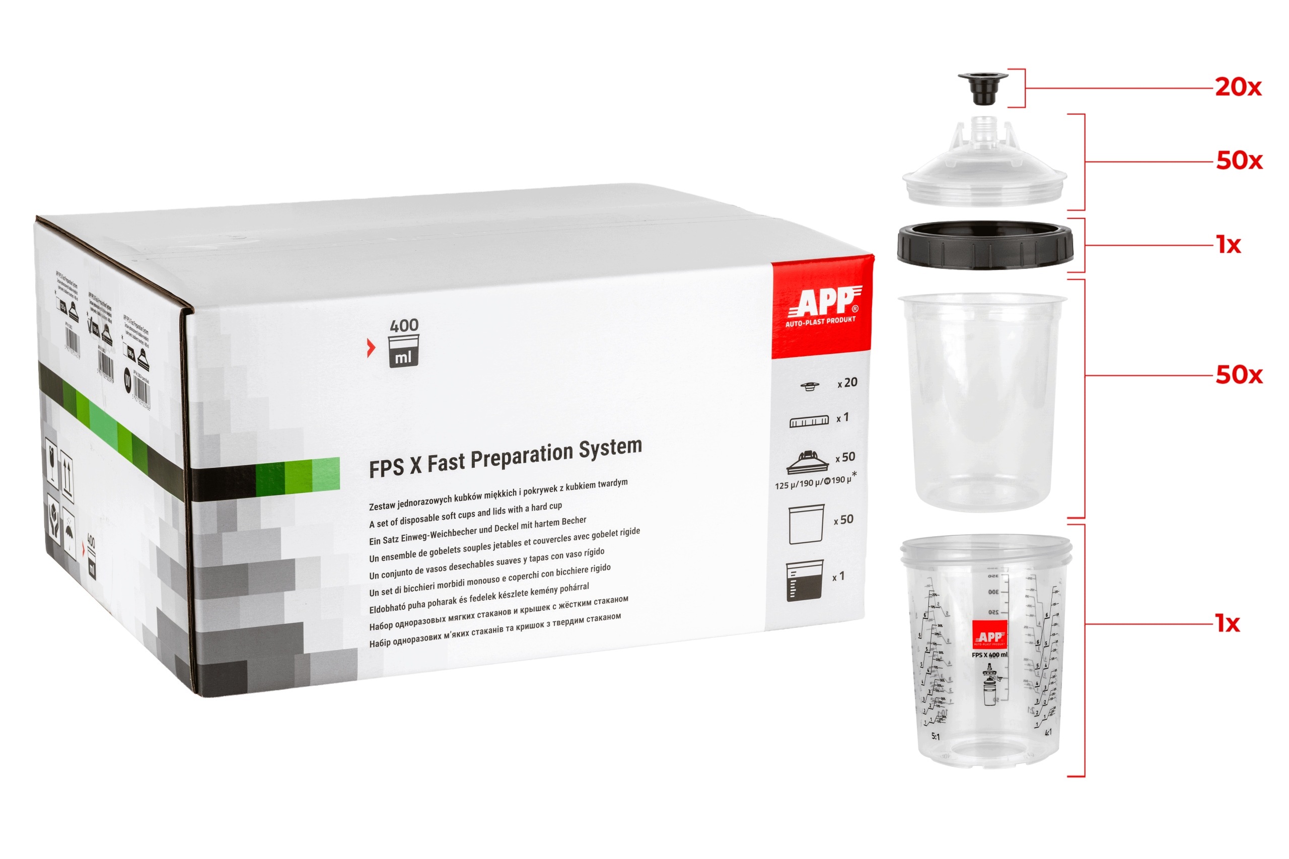 Zestaw kubków do mieszania lakieru App Fps X 190µm 400ml 50szt system Pps