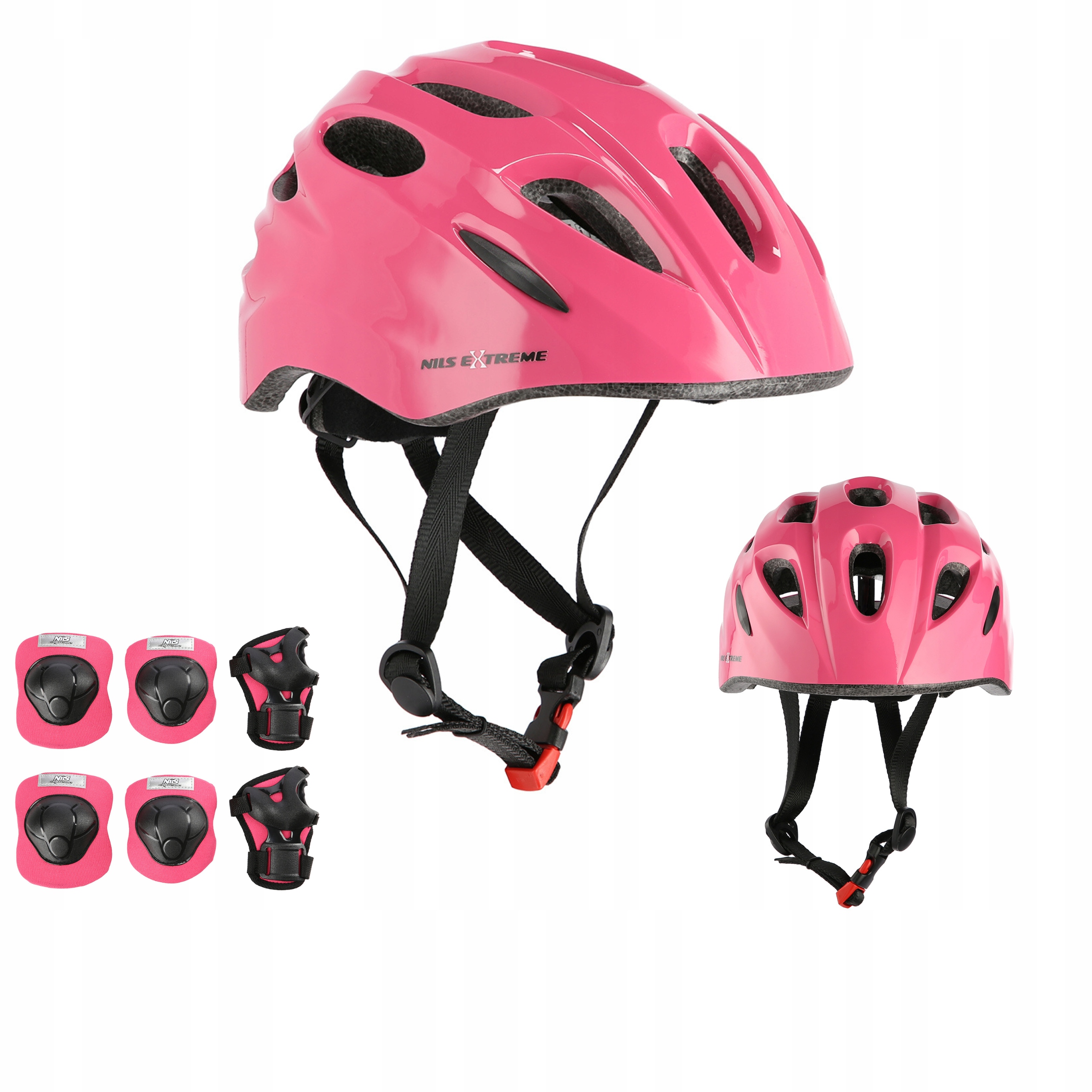Kask i ochraniacze na kolana łokcie nadgarstki różowy zestaw S Nils Extreme