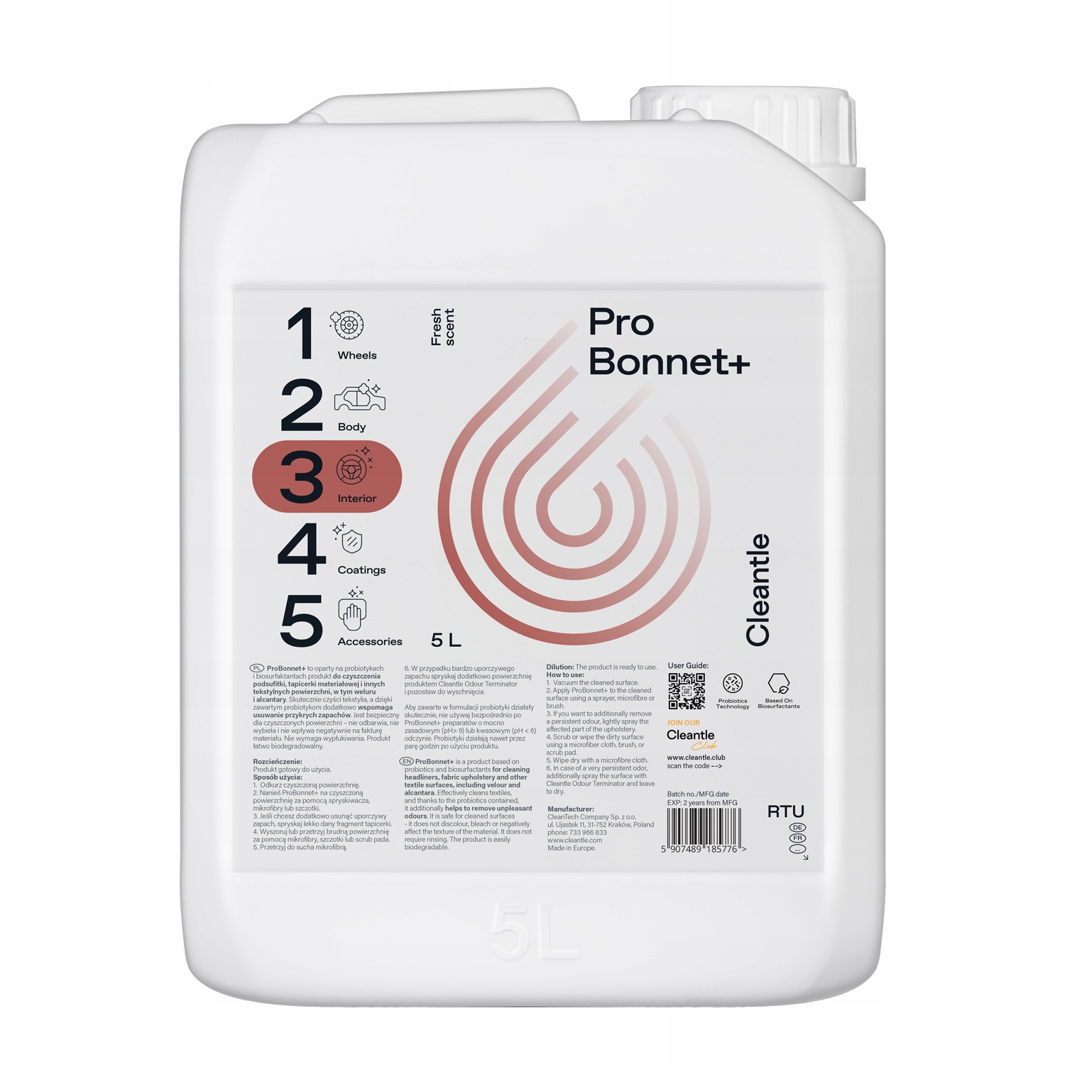 CLEANTLE _ CZYSZCZENIE ZABRUDZEŃ Z TEKSTYLIÓW NEUTRALIZATOR PRO BONNET+ 5L