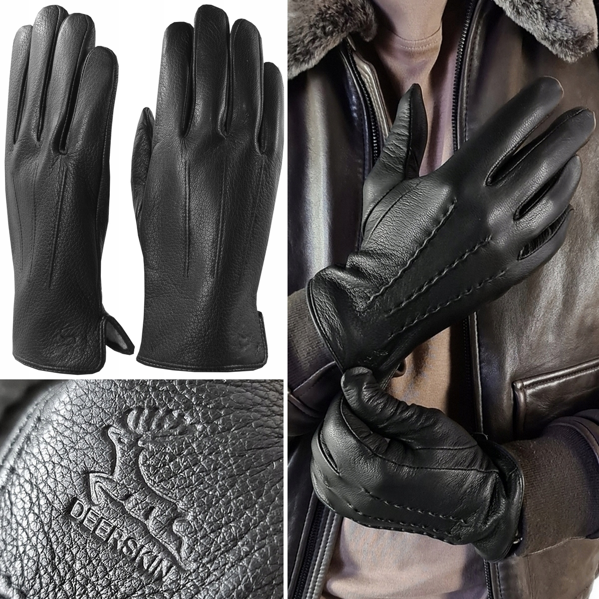 Kožené Rukavice pánské Kůže Jelen Přírodní Vlna, Dotykové XXL